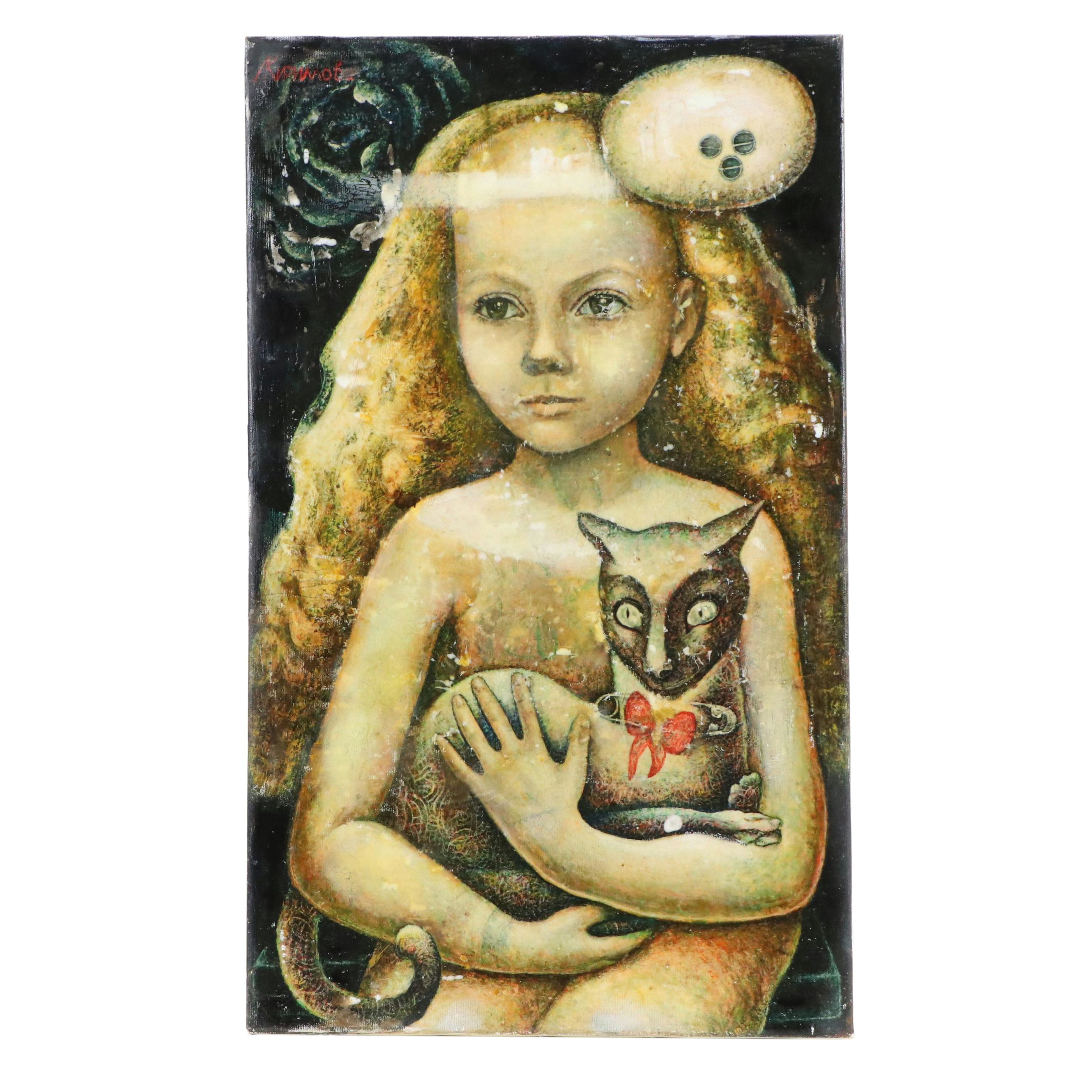Surrealistic Oil Painting of Young Girl with Cat, Late 20th Century