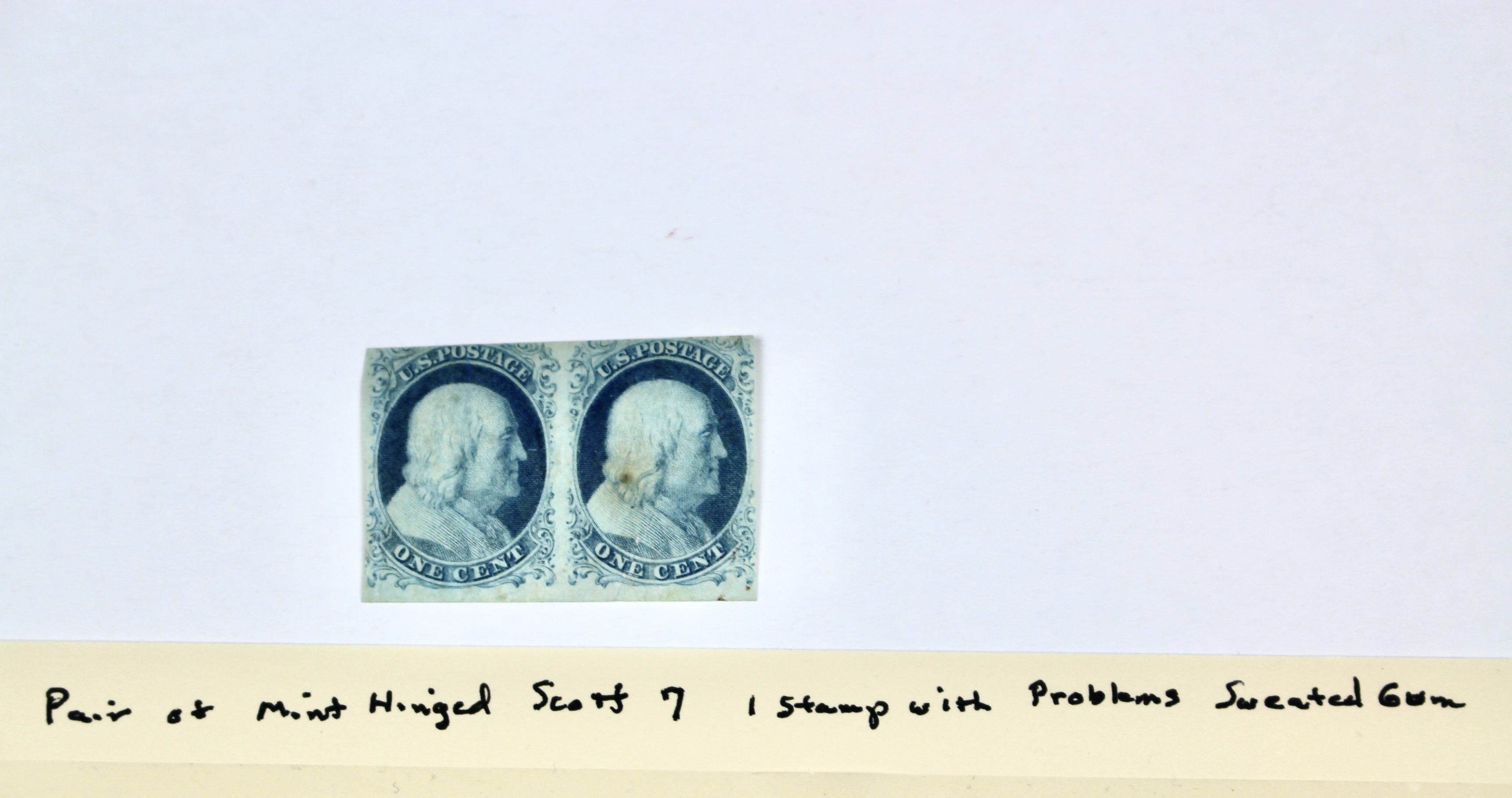 Pair of Mint Hinged Scott 7 1-Cent Franklin Stamps, 1851