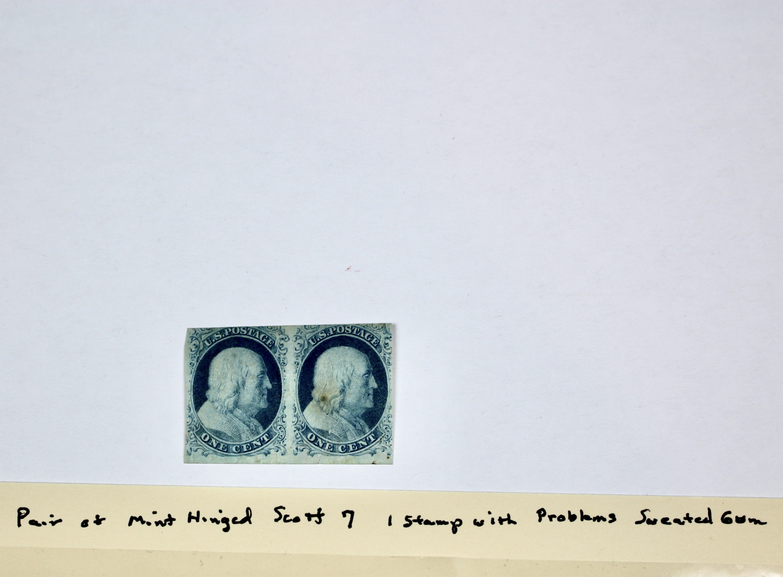 Pair of Mint Hinged Scott 7 1-Cent Franklin Stamps, 1851