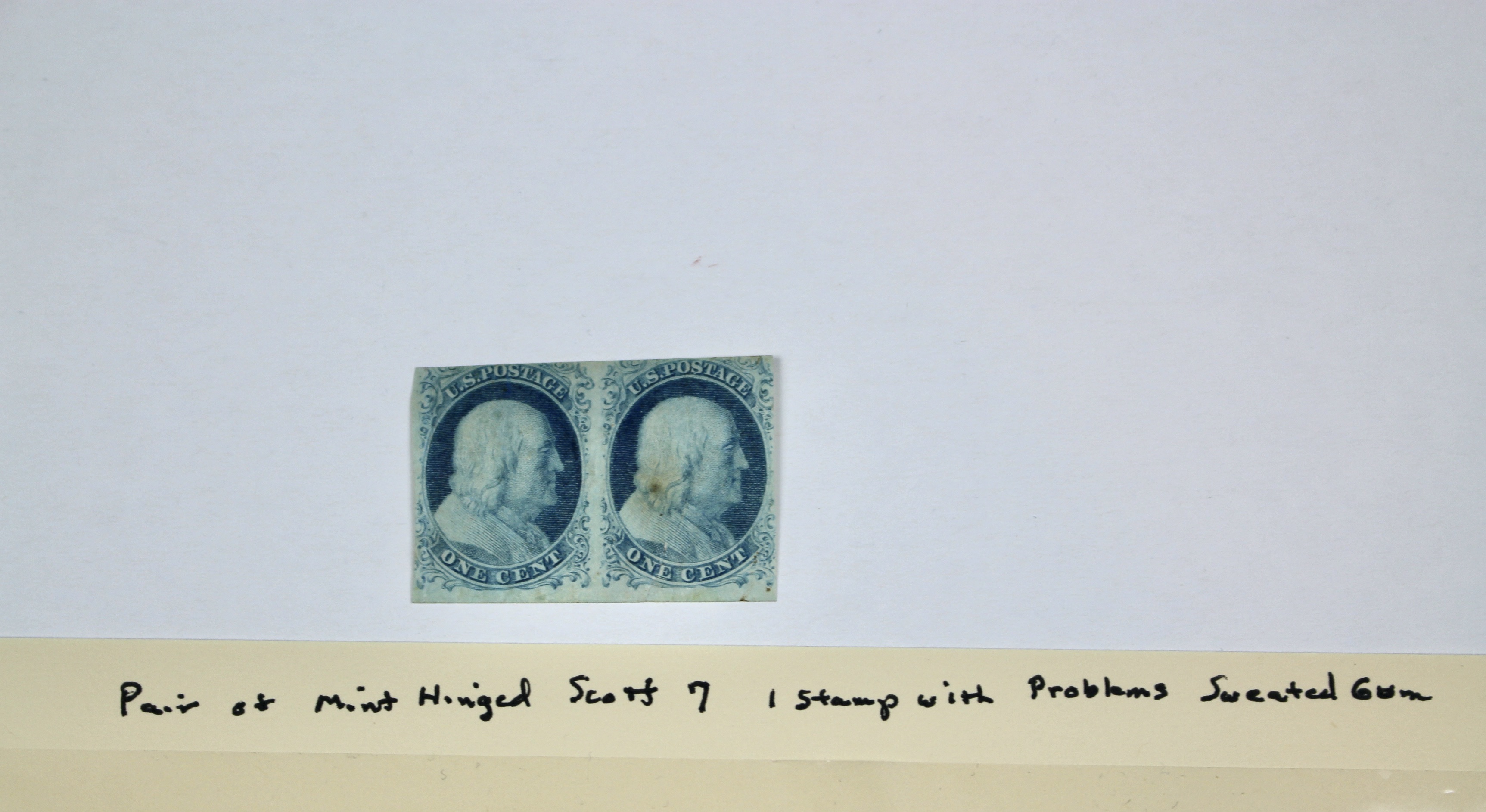 Pair of Mint Hinged Scott 7 1-Cent Franklin Stamps, 1851