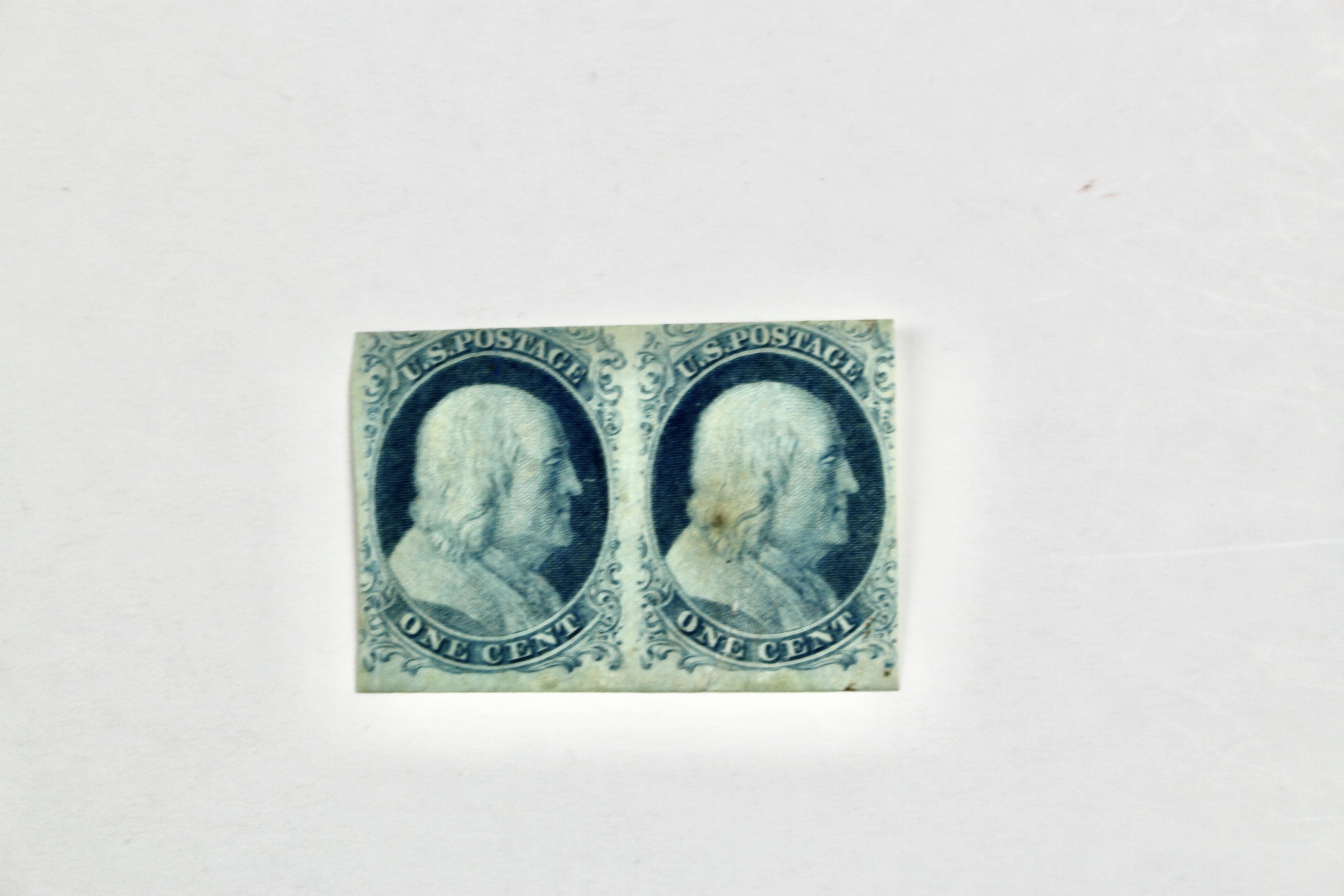 Pair of Mint Hinged Scott 7 1-Cent Franklin Stamps, 1851