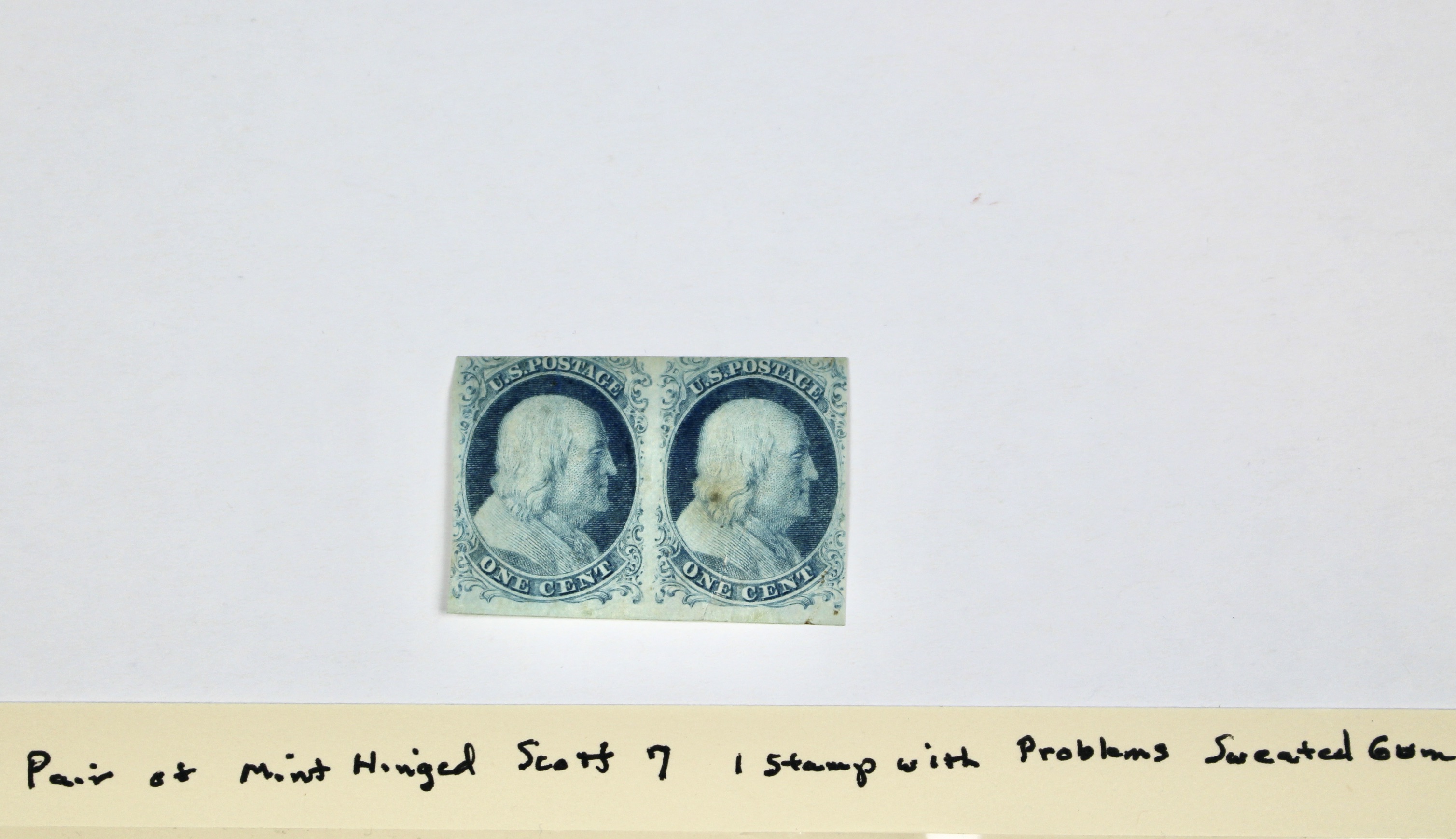 Pair of Mint Hinged Scott 7 1-Cent Franklin Stamps, 1851