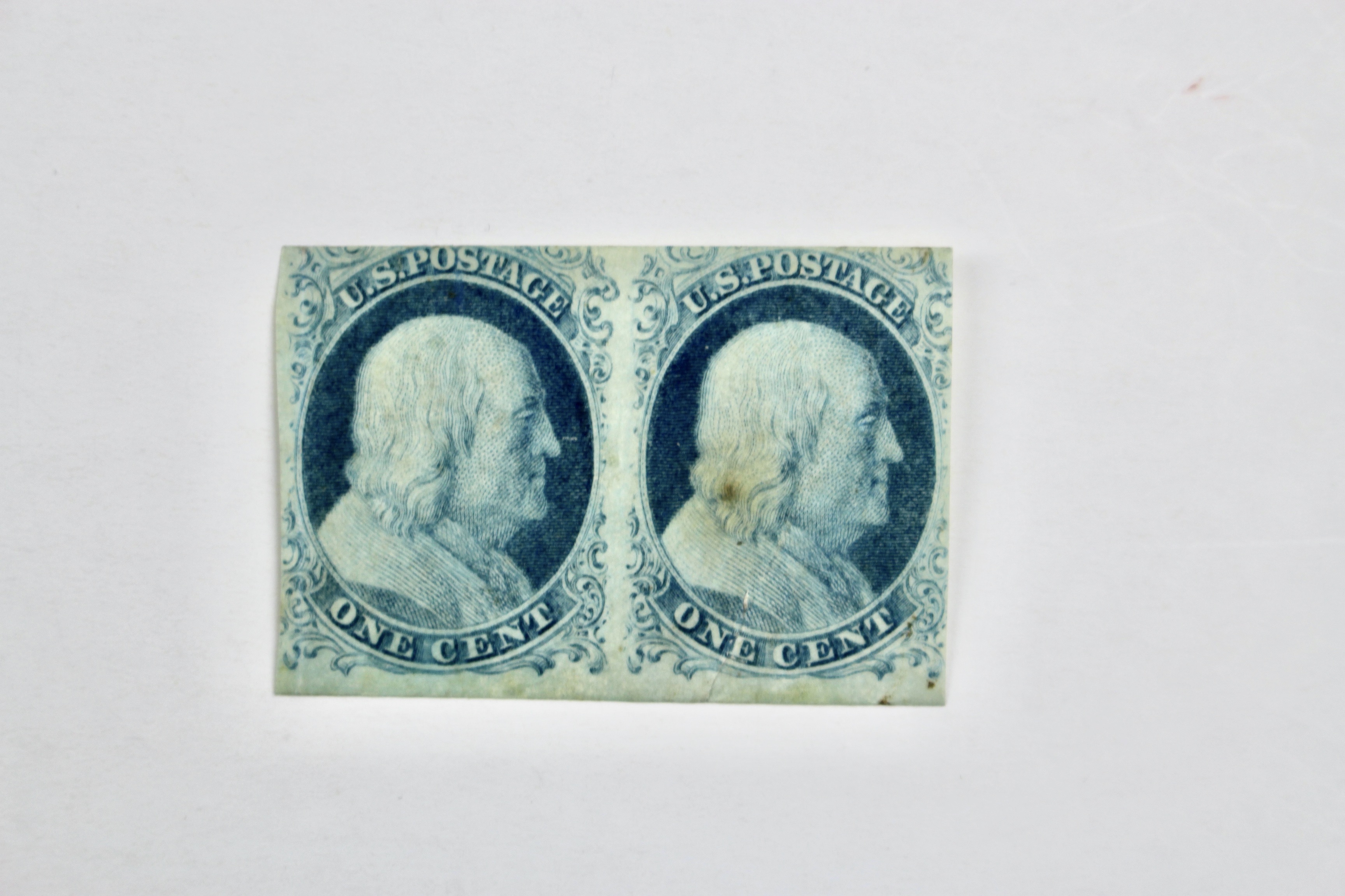 Pair of Mint Hinged Scott 7 1-Cent Franklin Stamps, 1851