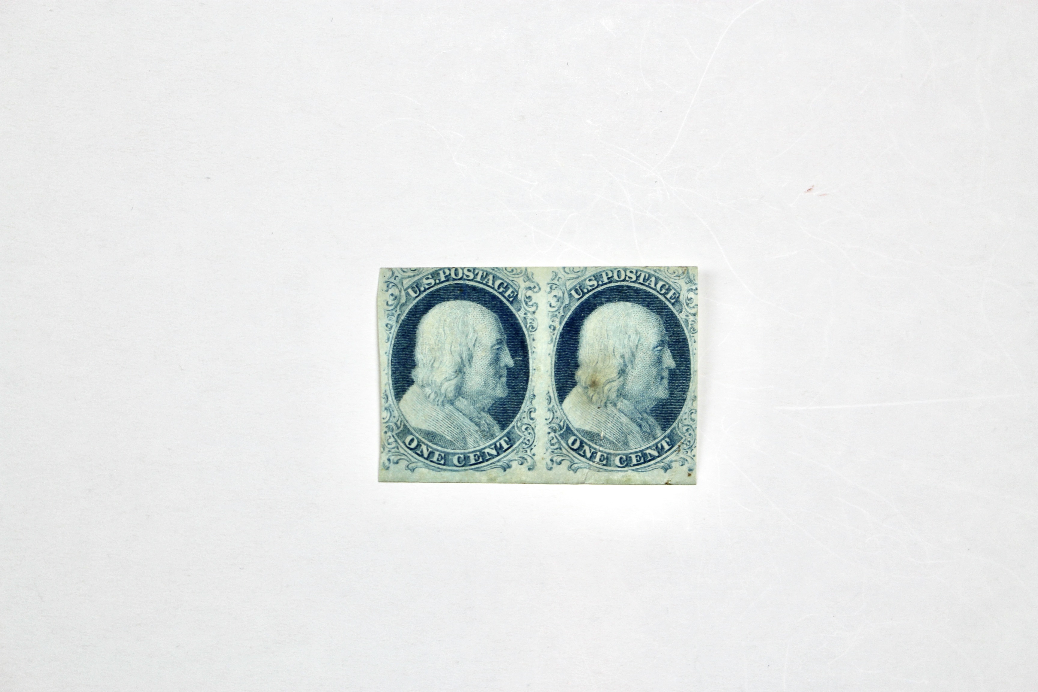 Pair of Mint Hinged Scott 7 1-Cent Franklin Stamps, 1851