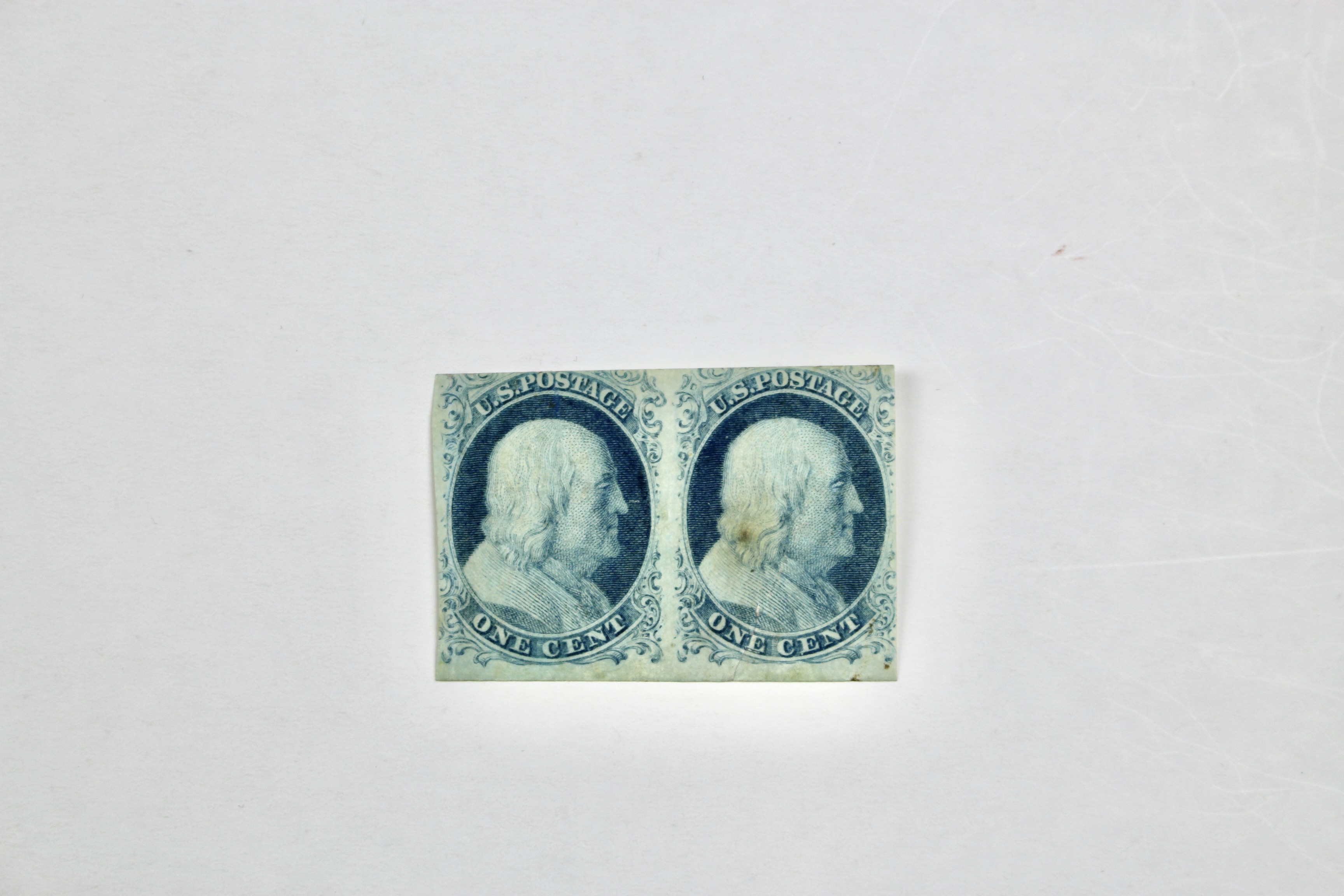 Pair of Mint Hinged Scott 7 1-Cent Franklin Stamps, 1851