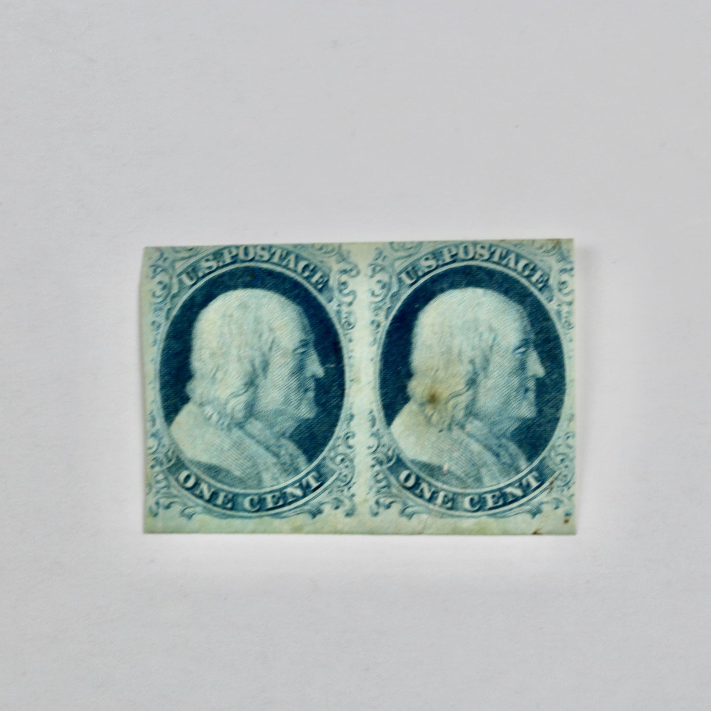 Pair of Mint Hinged Scott 7 1-Cent Franklin Stamps, 1851