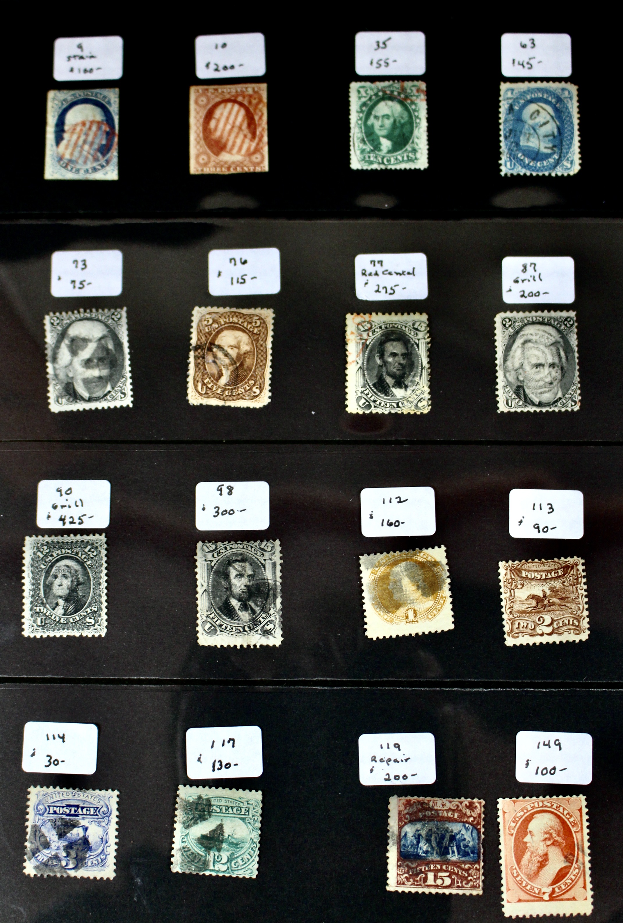 Sixteen Early Used U.S. Postage Stamps, 1851 to 1871