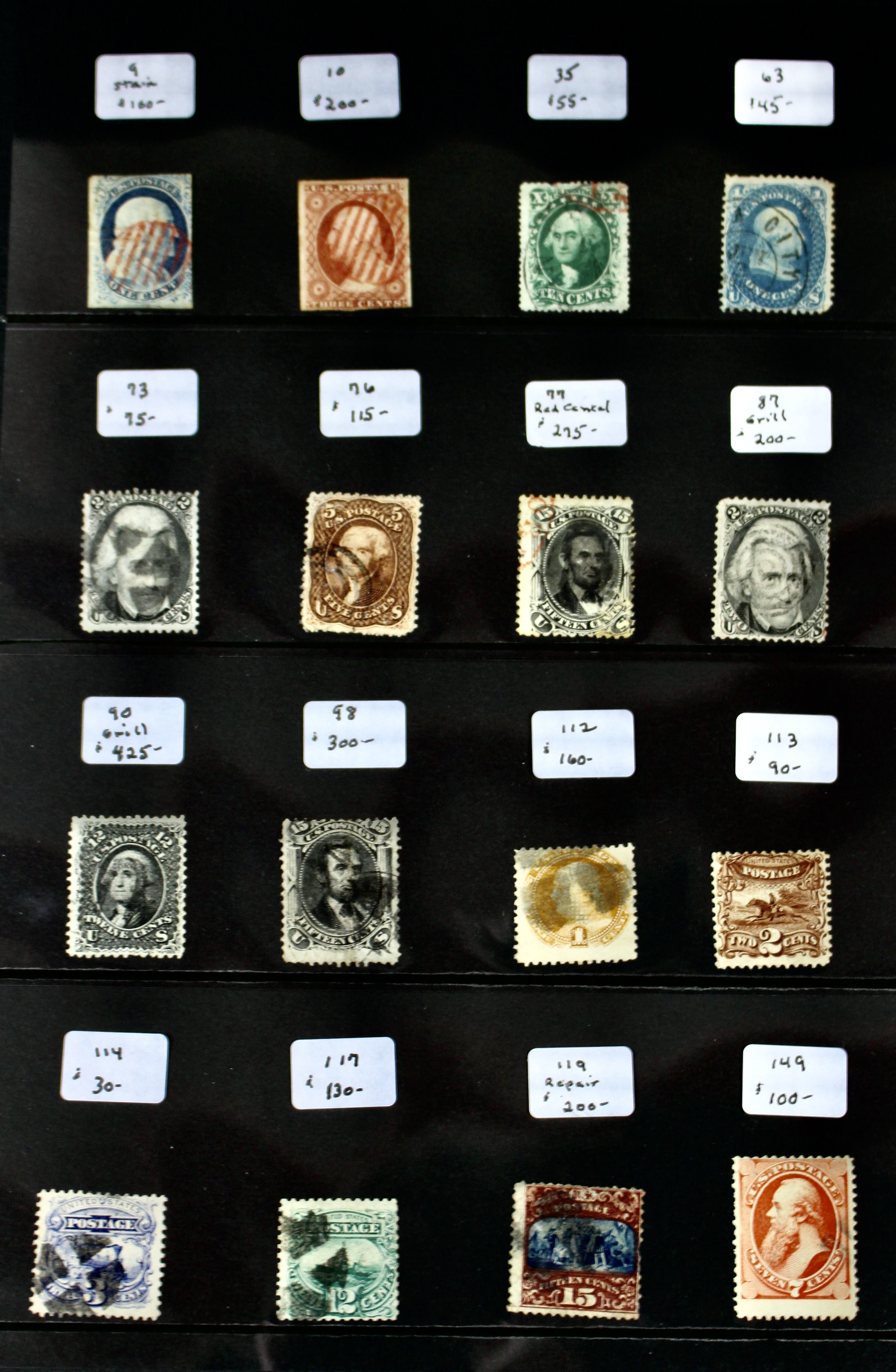 Sixteen Early Used U.S. Postage Stamps, 1851 to 1871