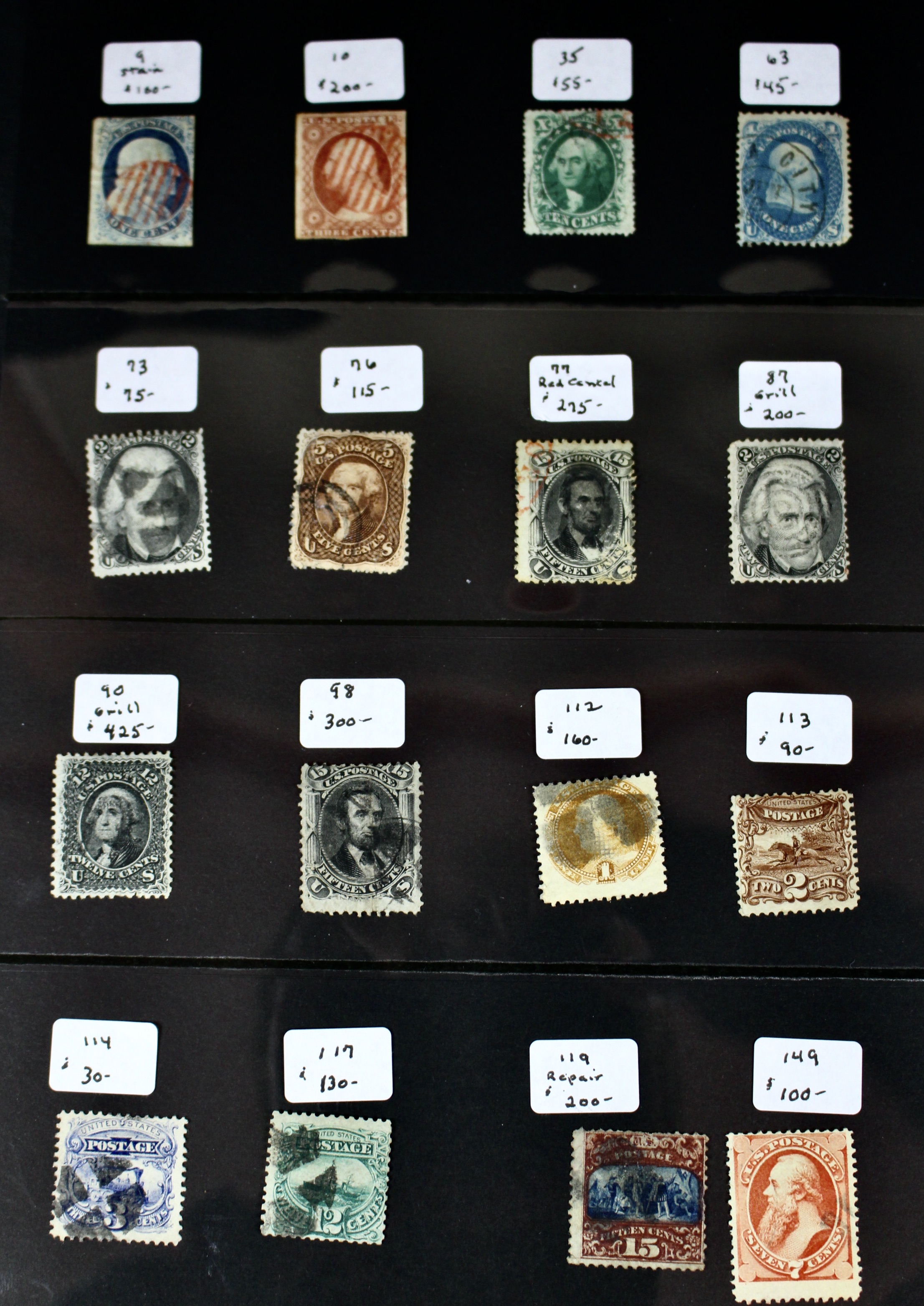 Sixteen Early Used U.S. Postage Stamps, 1851 to 1871