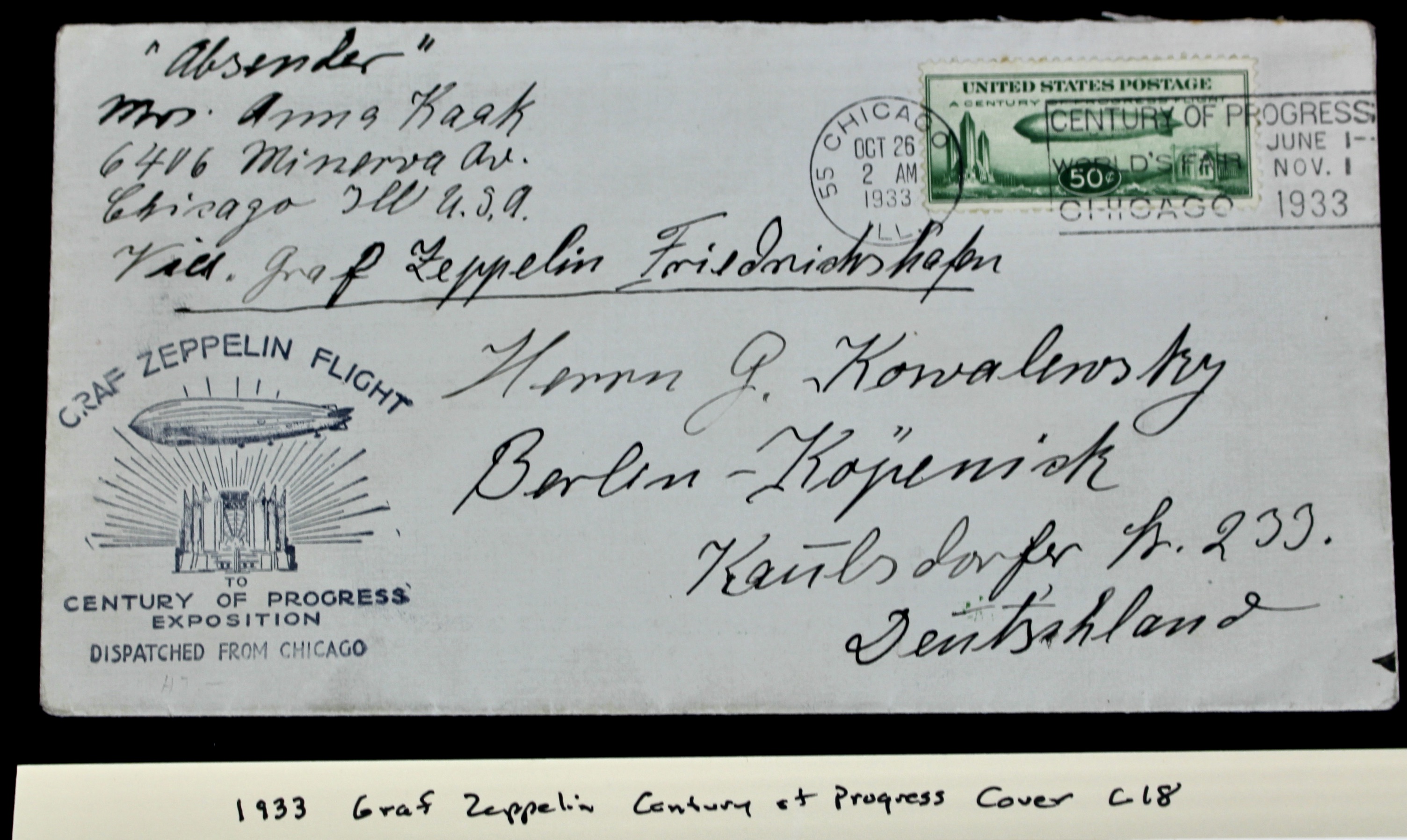 1933 Graf Zeppelin Century of Progress Postal Cover, Including C18 Stamp