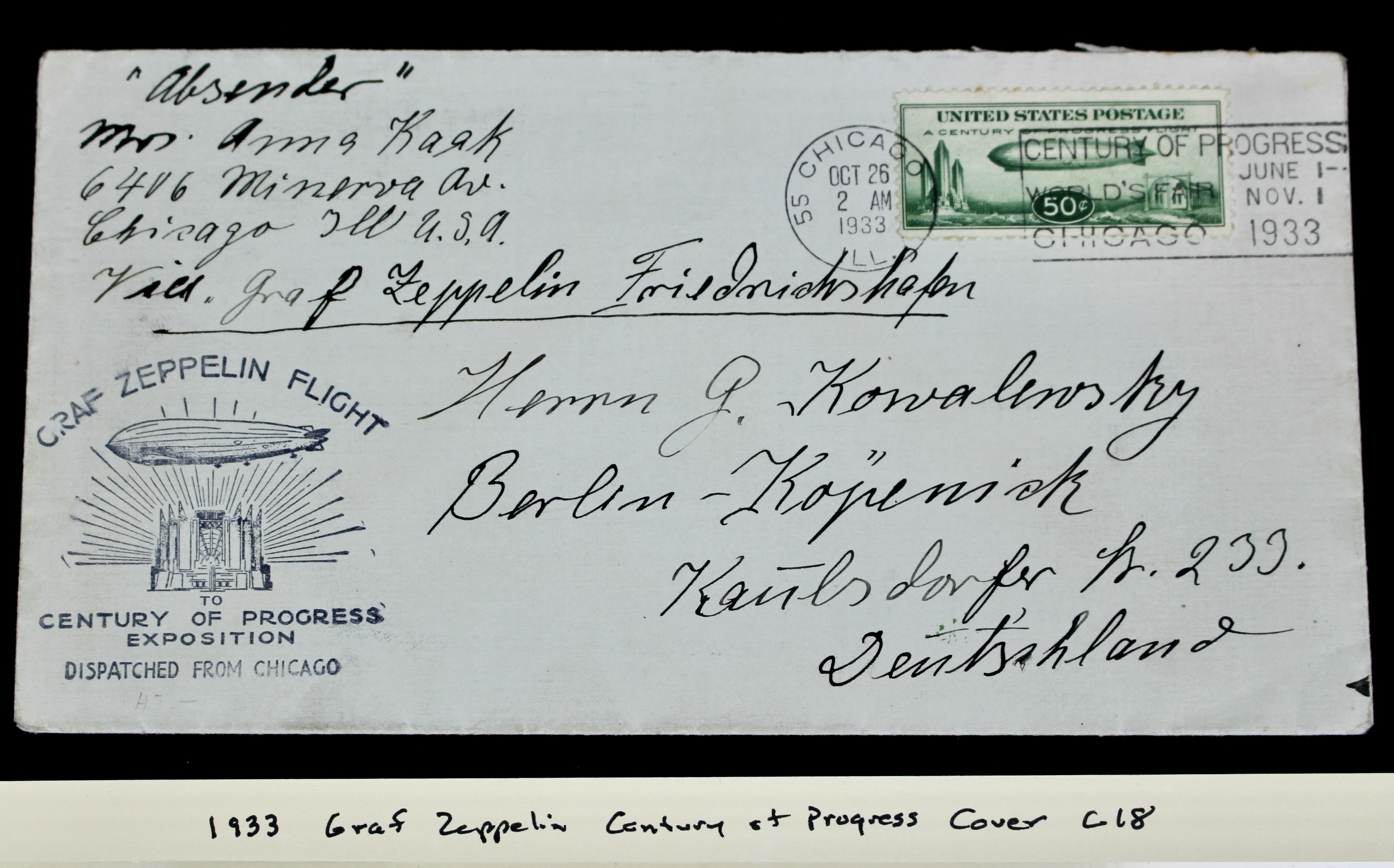 1933 Graf Zeppelin Century of Progress Postal Cover, Including C18 Stamp