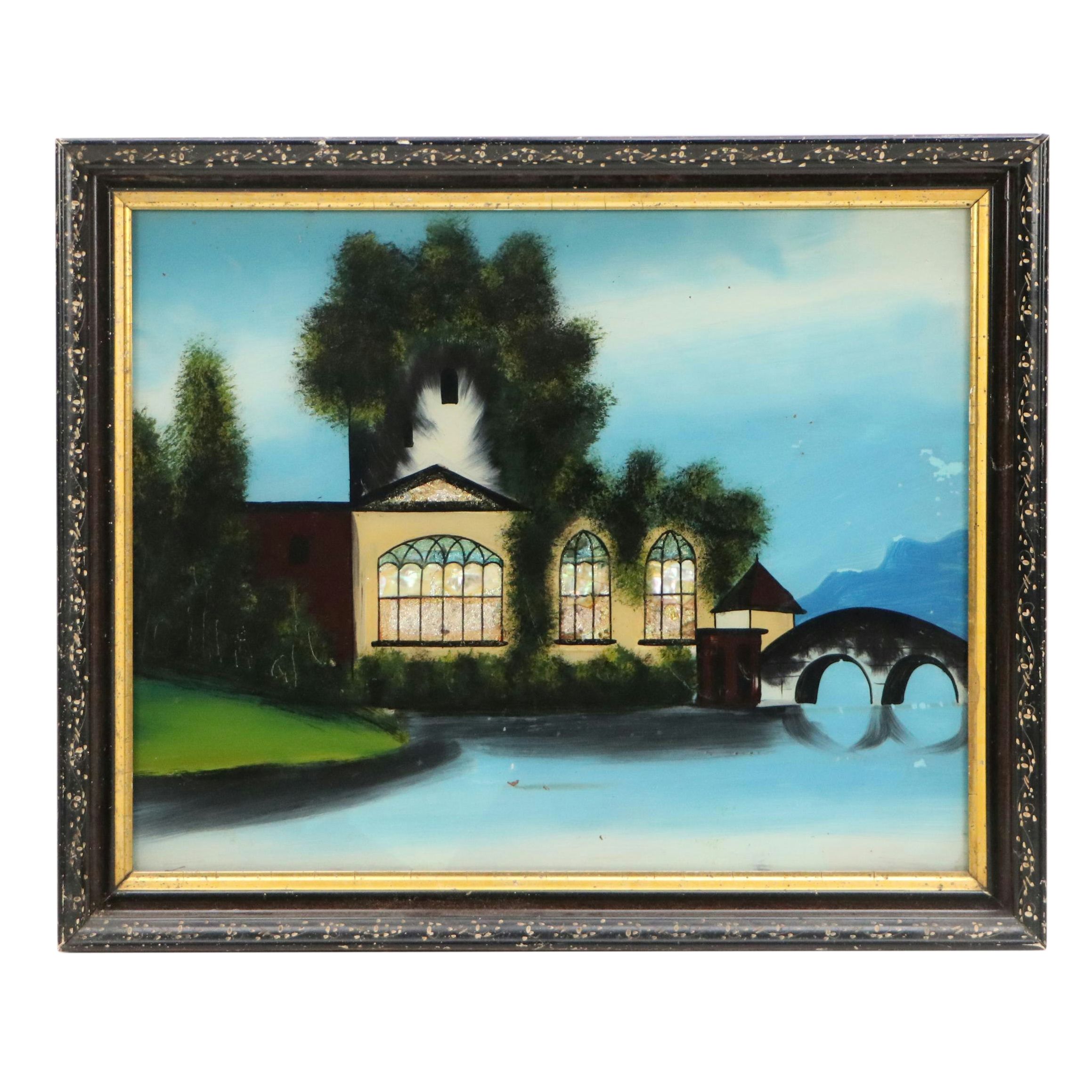Reverse Glass Painting with Foil and Abalone Details of Riverside Building