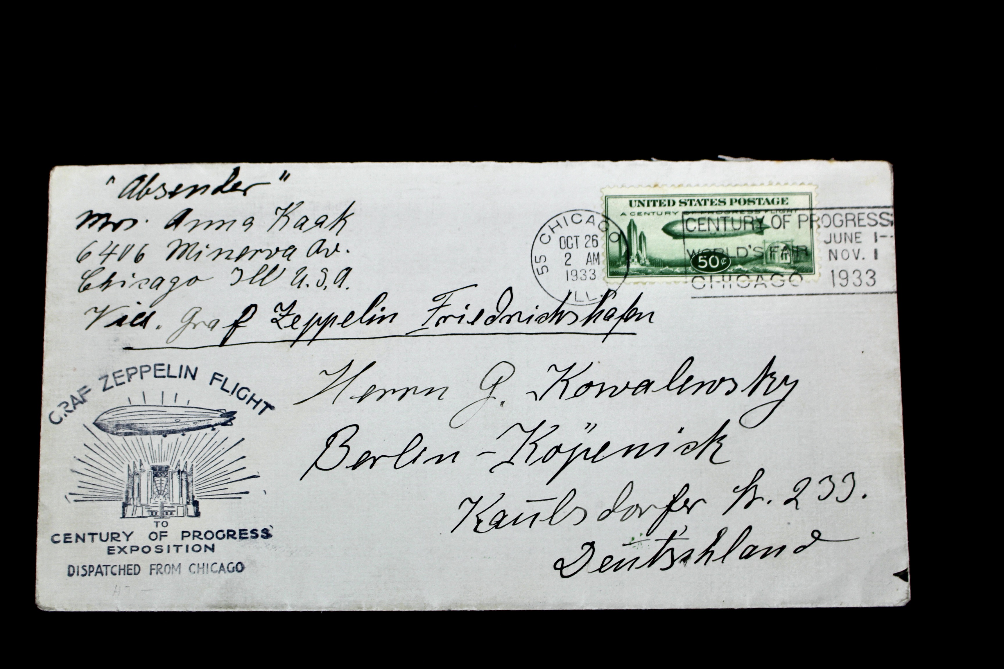 1933 Graf Zeppelin Century of Progress Postal Cover, Including C18 Stamp