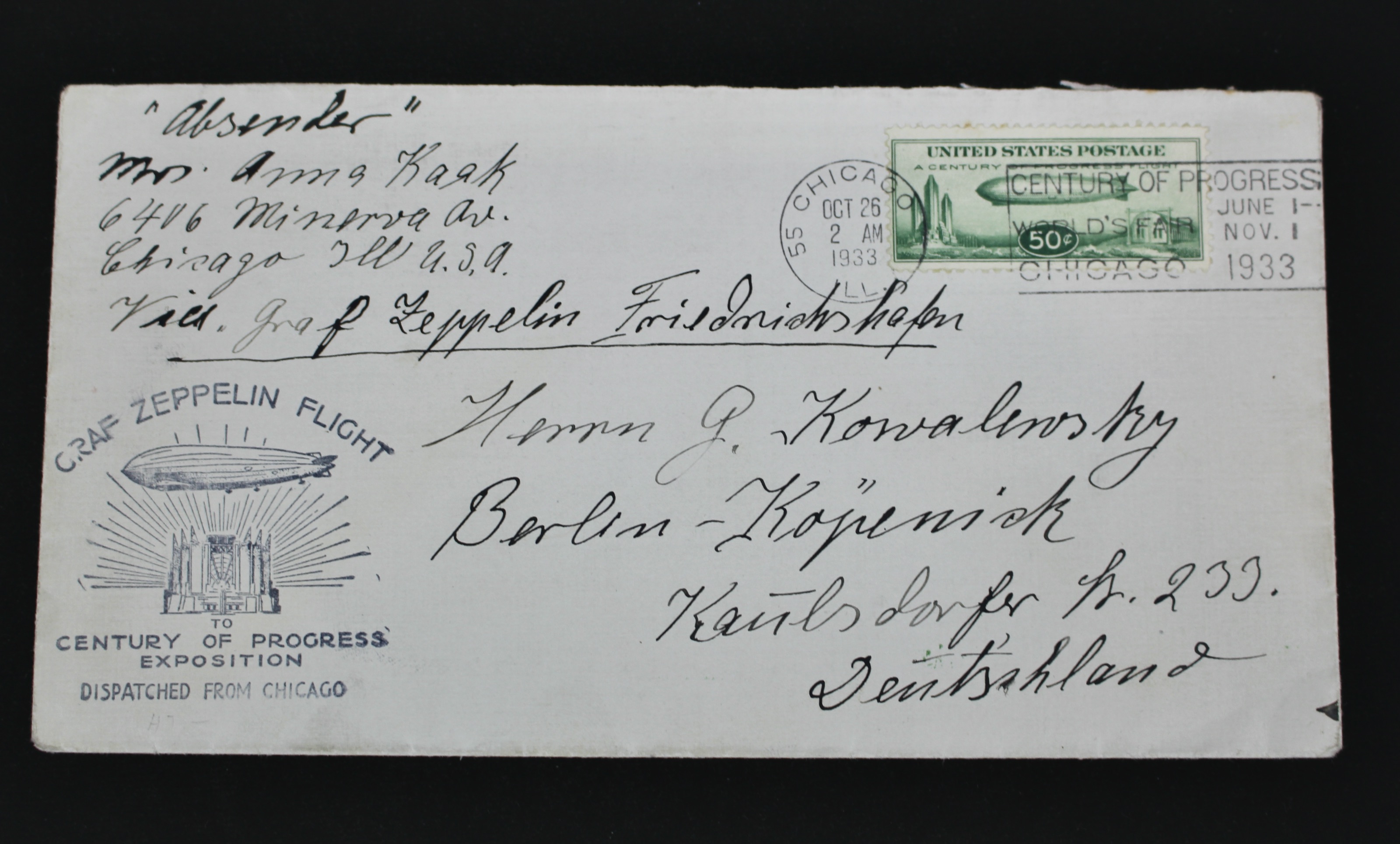 1933 Graf Zeppelin Century of Progress Postal Cover, Including C18 Stamp