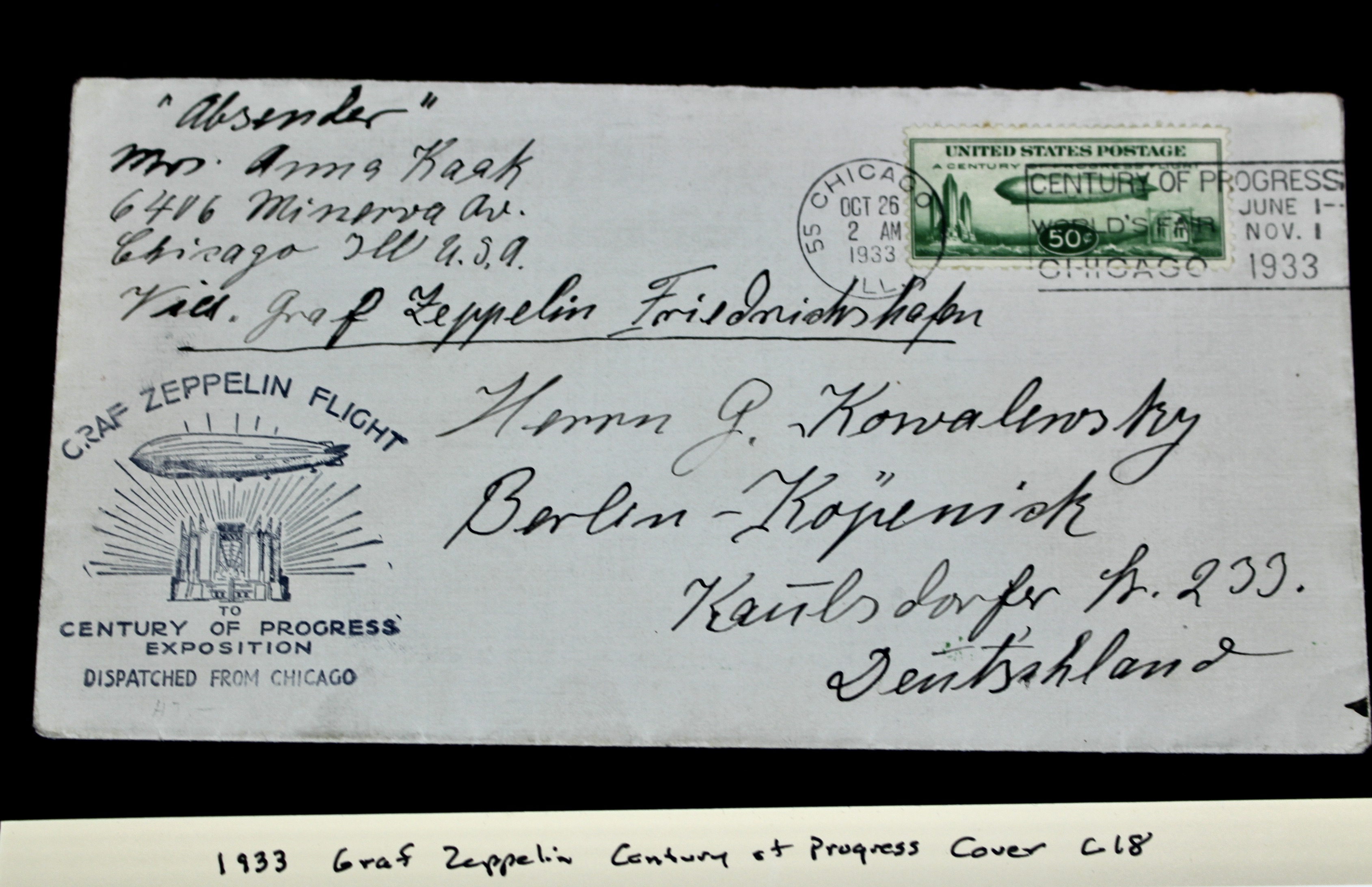 1933 Graf Zeppelin Century of Progress Postal Cover, Including C18 Stamp