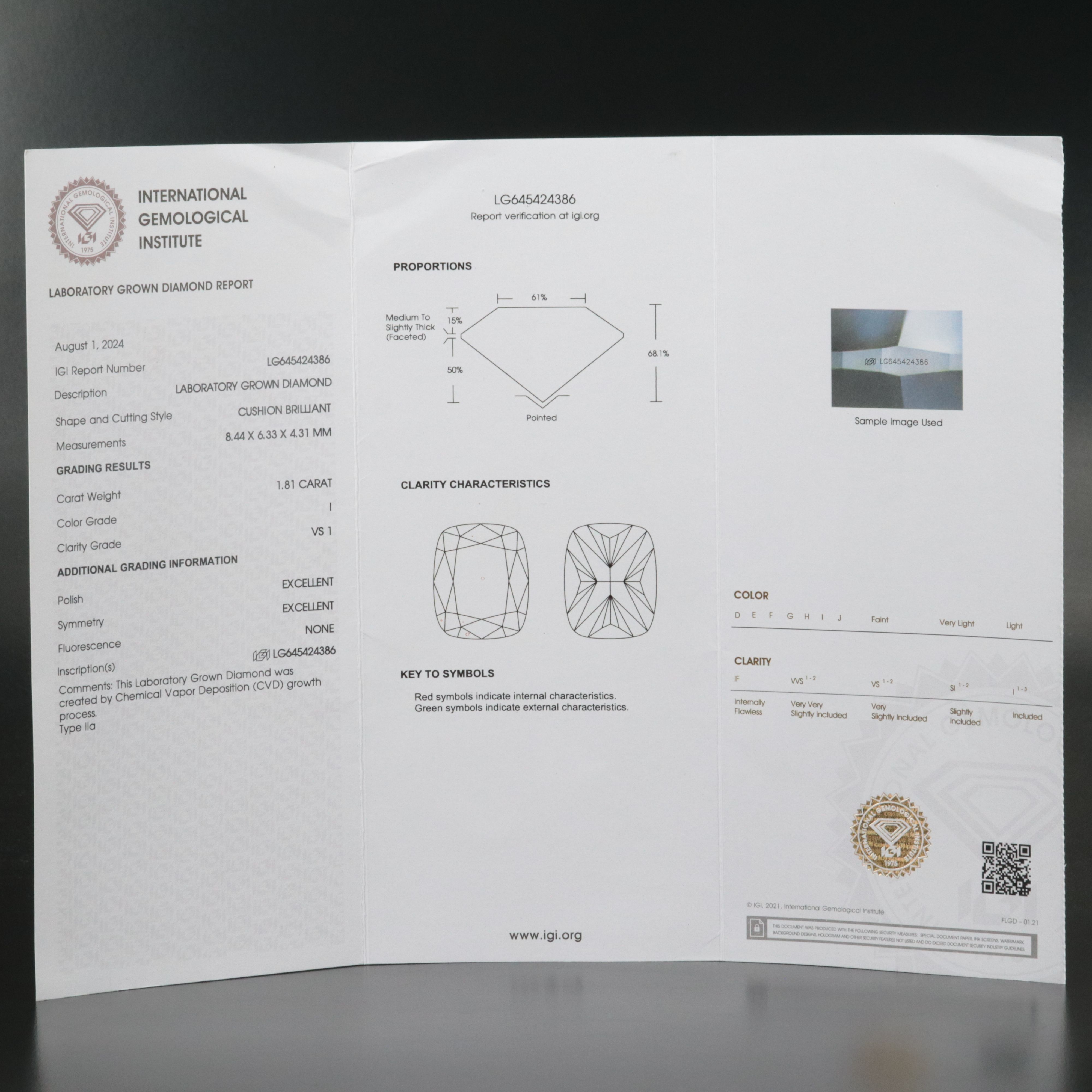 Loose 1.81 CT Lab Grown Diamond with IGI Report