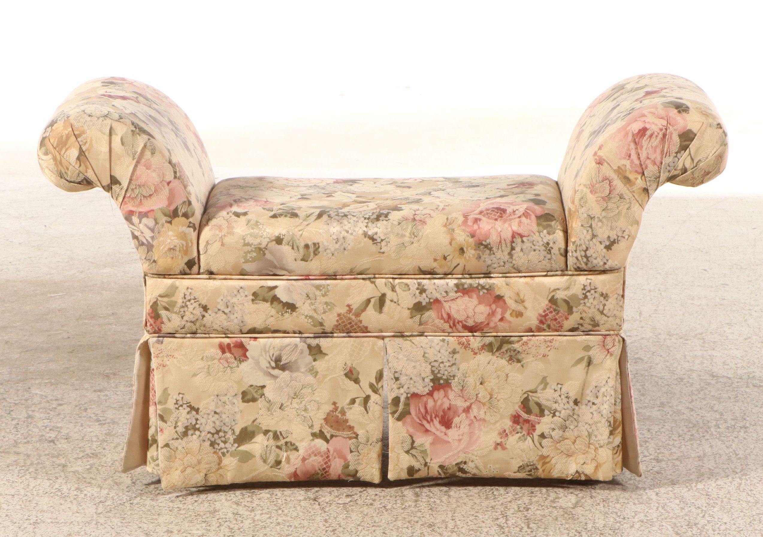 Floral Upholstered Rolled Arm Bench
