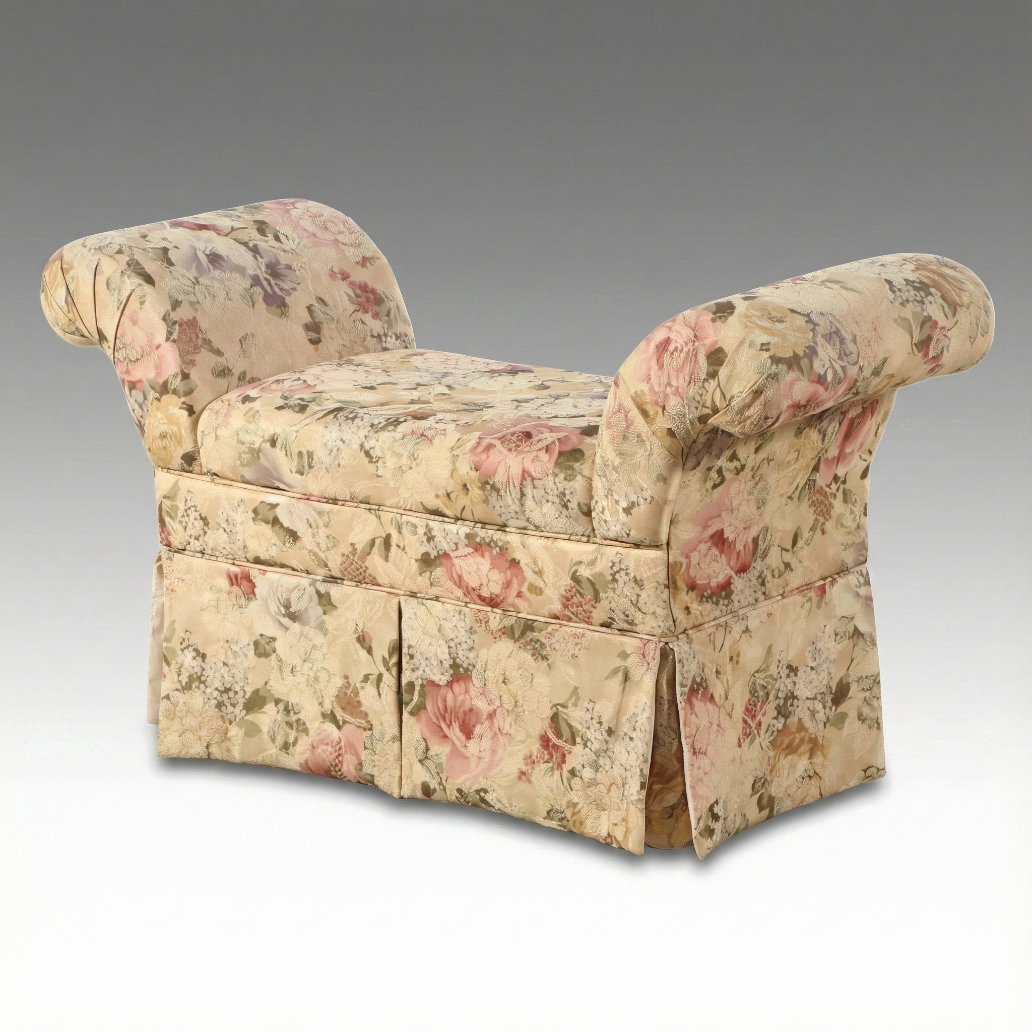 Floral Upholstered Rolled Arm Bench