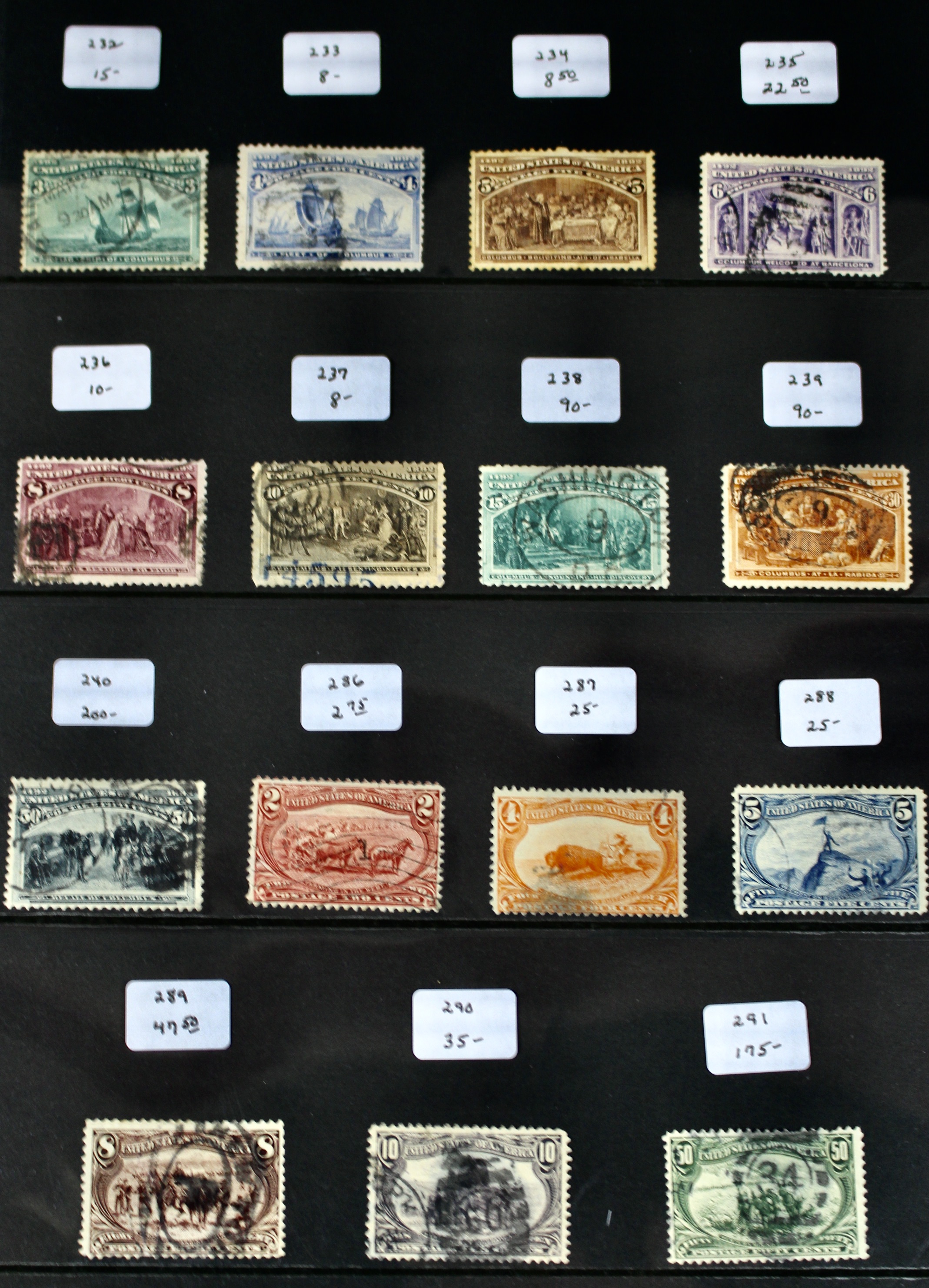 Fifteen Different Columbian and Trans-Mississippi Postage Stamps, 1890s