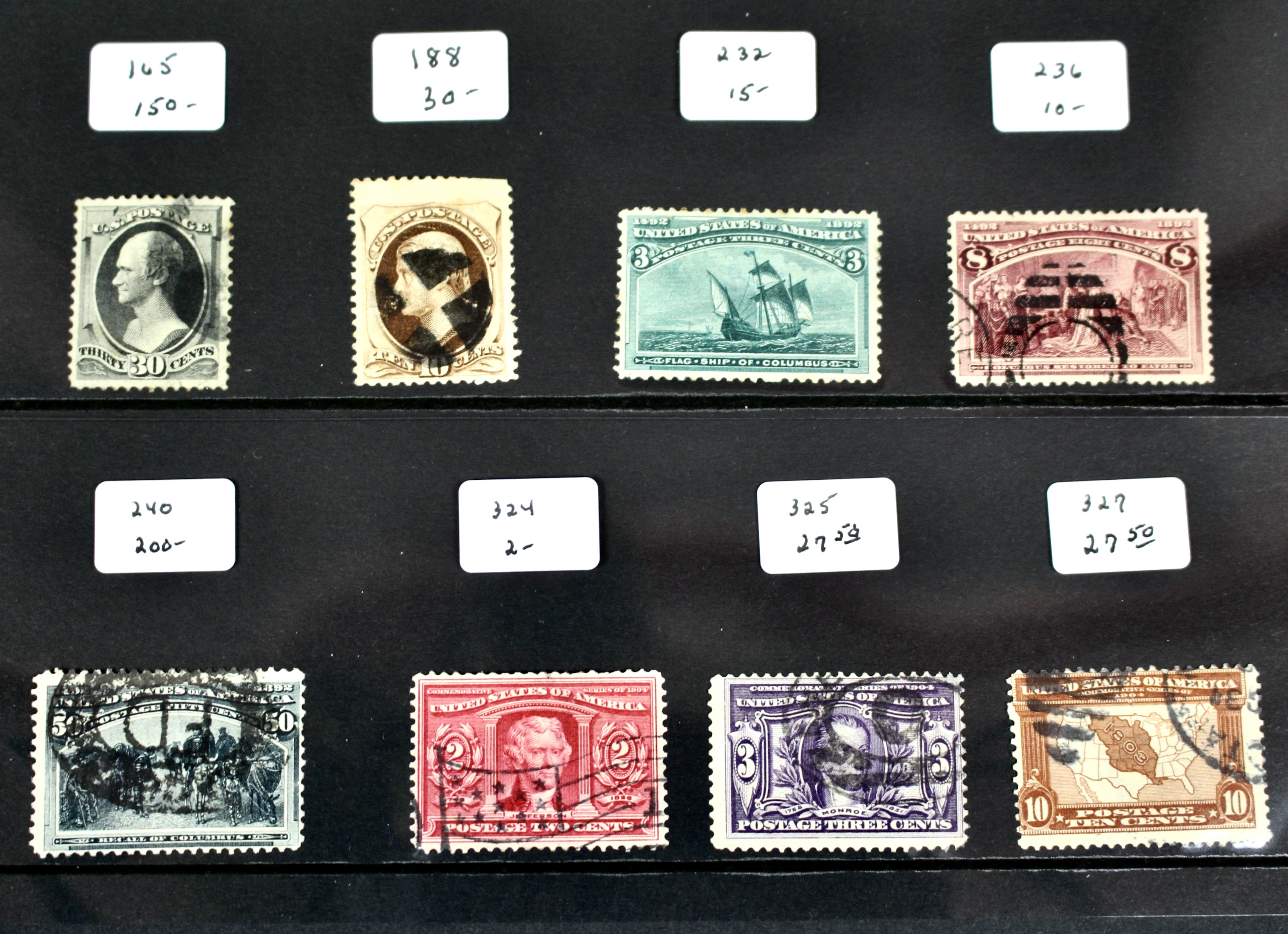 Sixteen Early Used U.S. Postage Stamps, 1870 to 1904