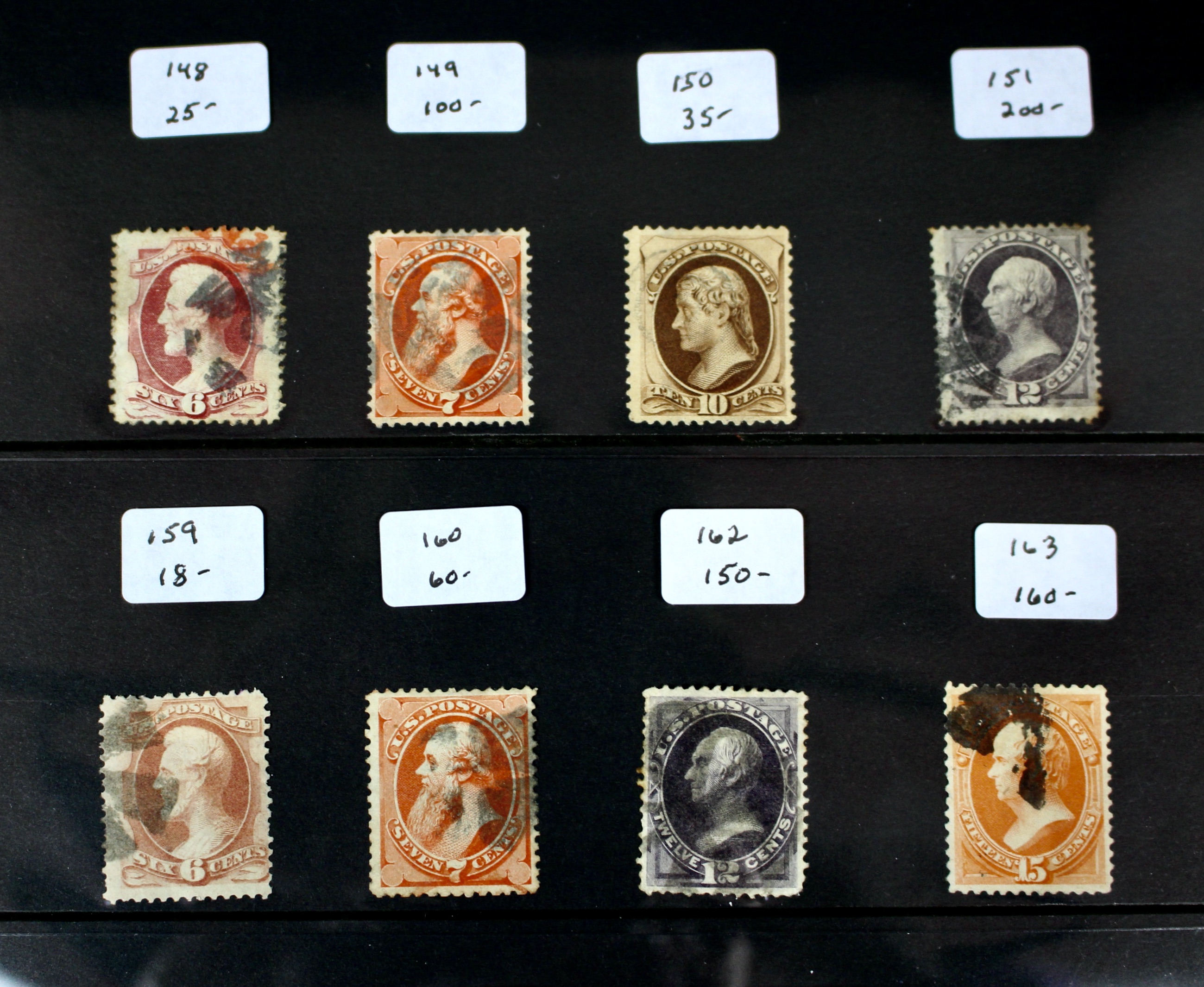 Sixteen Early Used U.S. Postage Stamps, 1870 to 1904