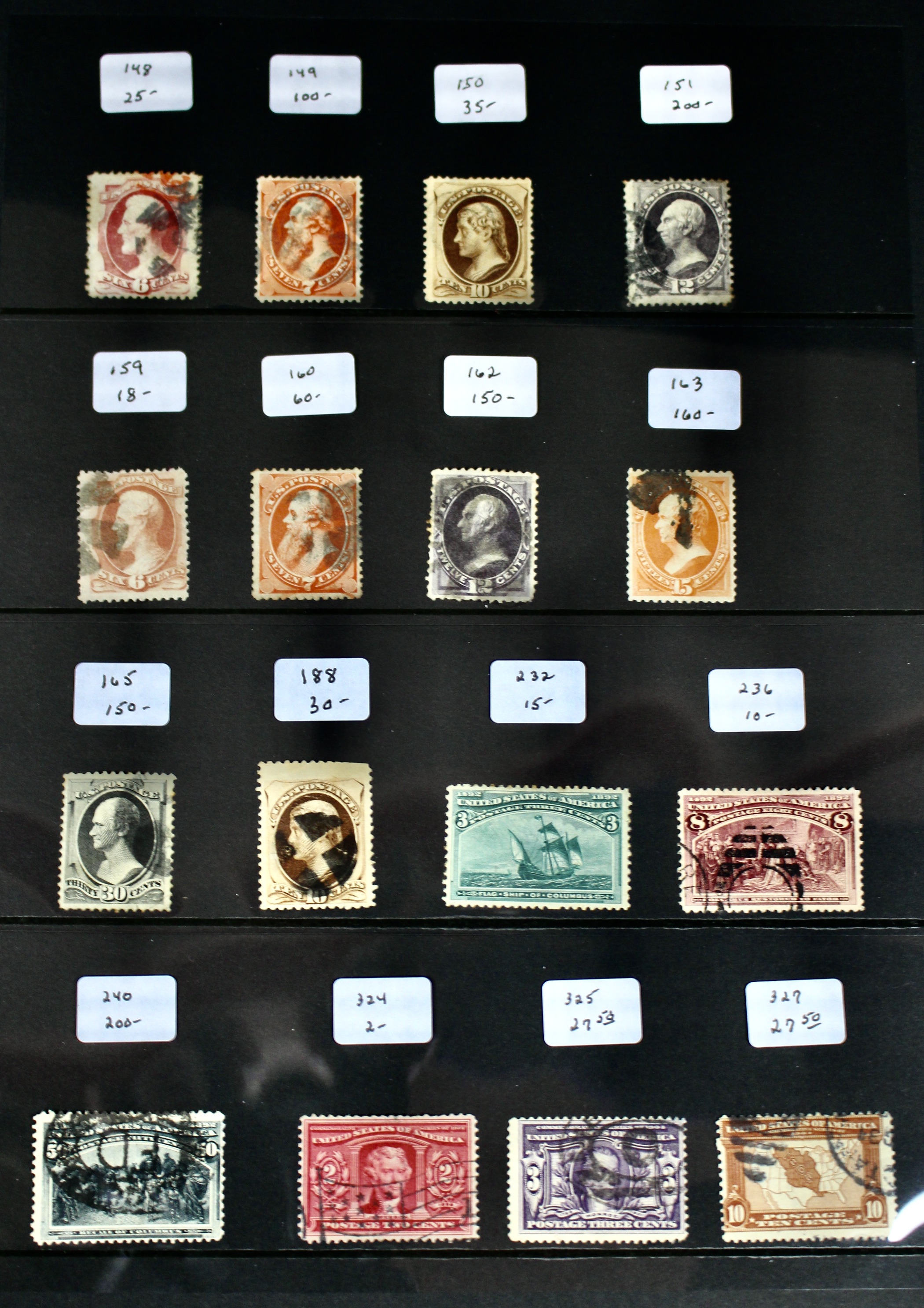 Sixteen Early Used U.S. Postage Stamps, 1870 to 1904