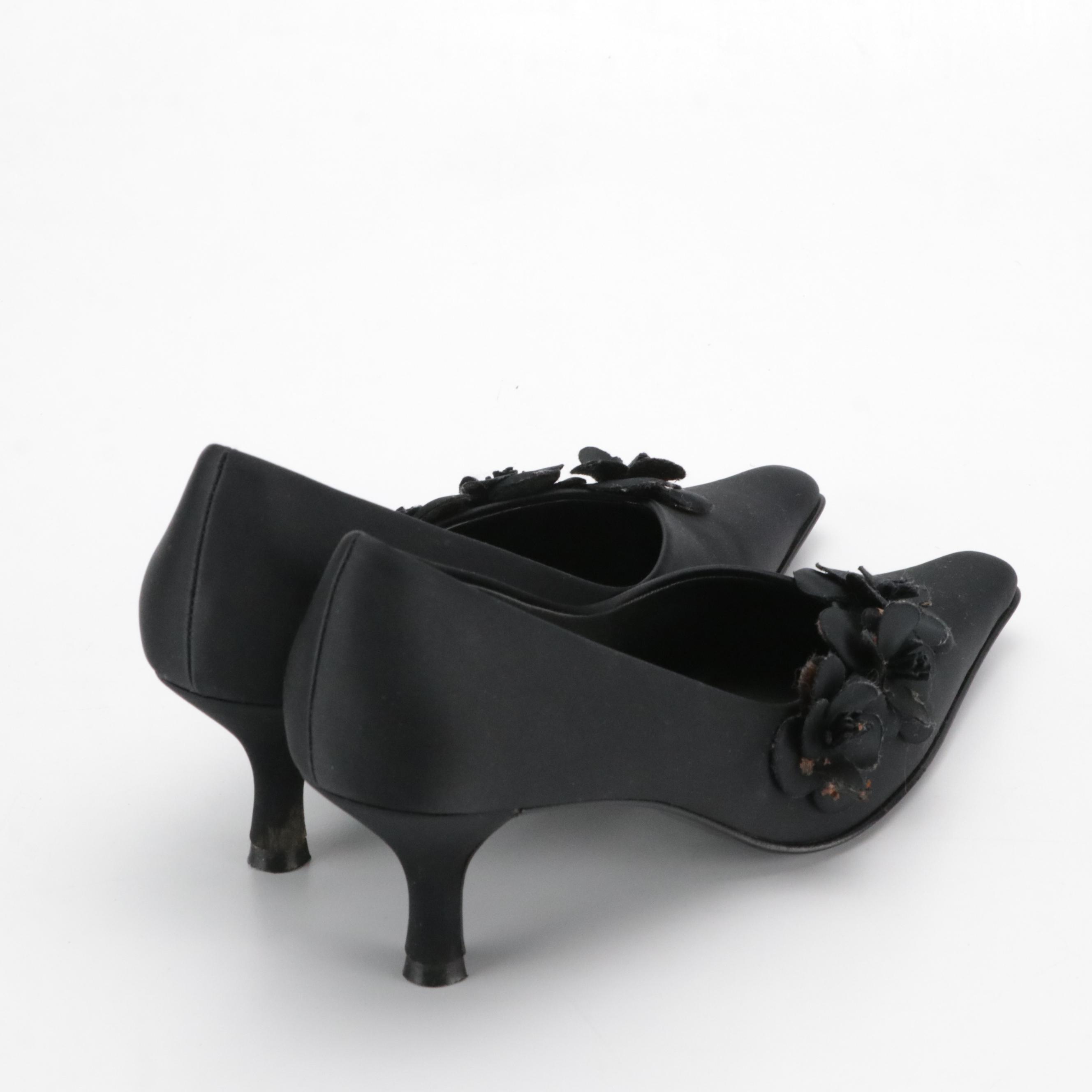 Glory Chen Black Satin Floral Pumps with Box