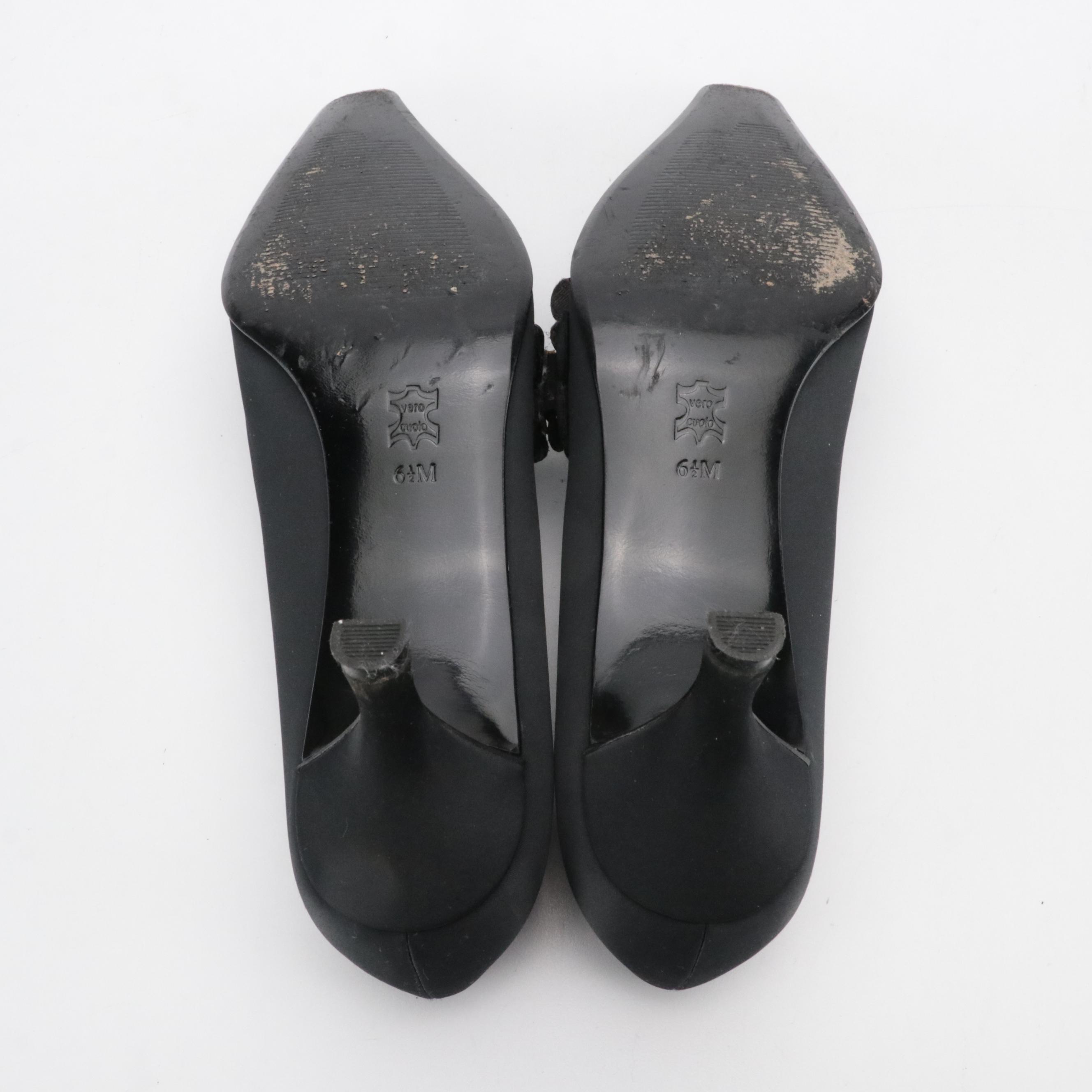 Glory Chen Black Satin Floral Pumps with Box