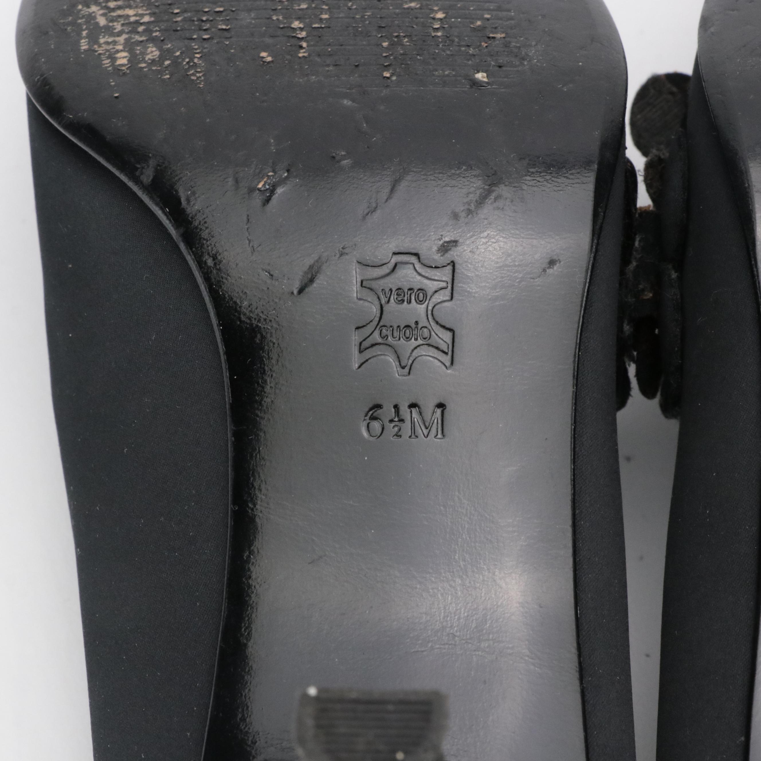 Glory Chen Black Satin Floral Pumps with Box