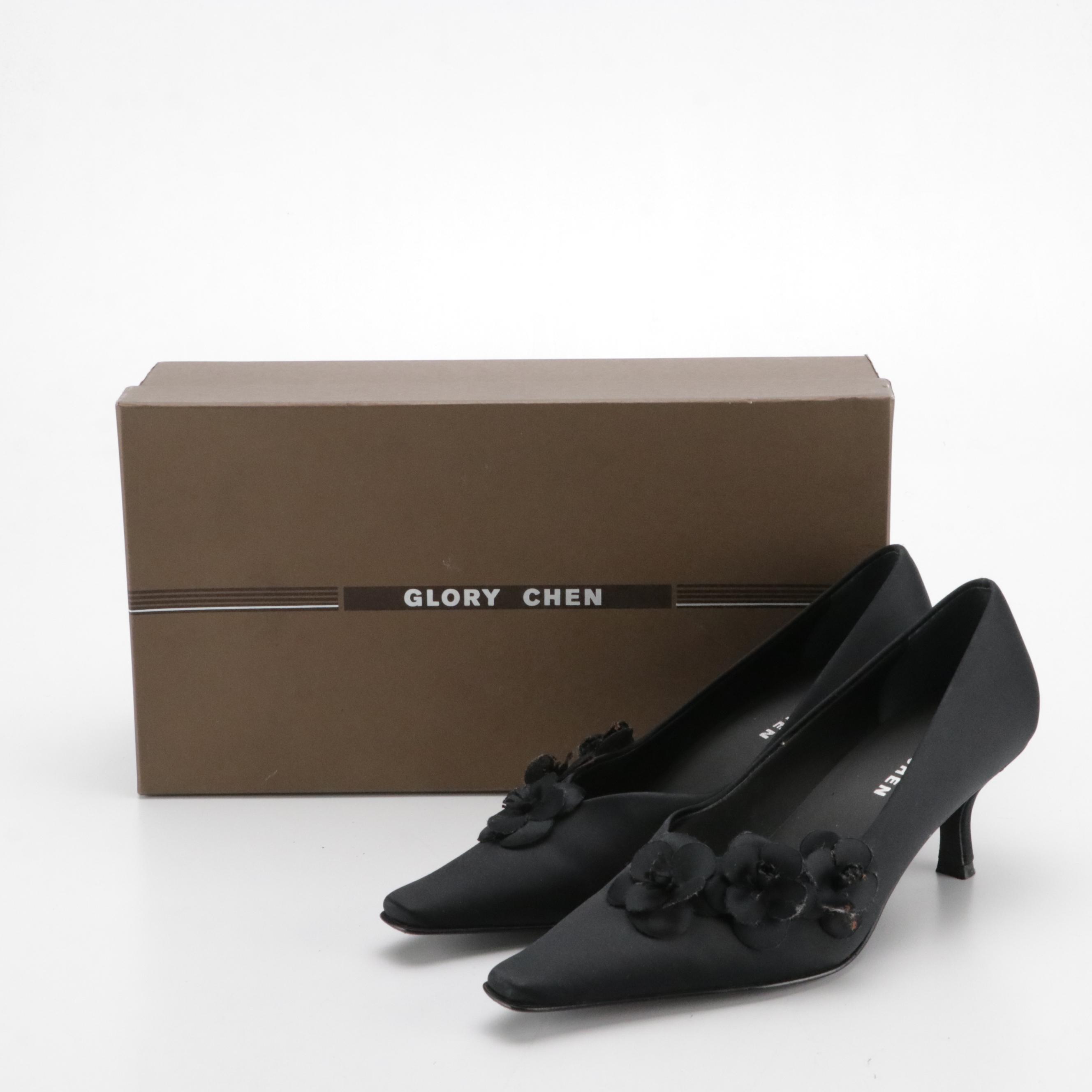 Glory Chen Black Satin Floral Pumps with Box