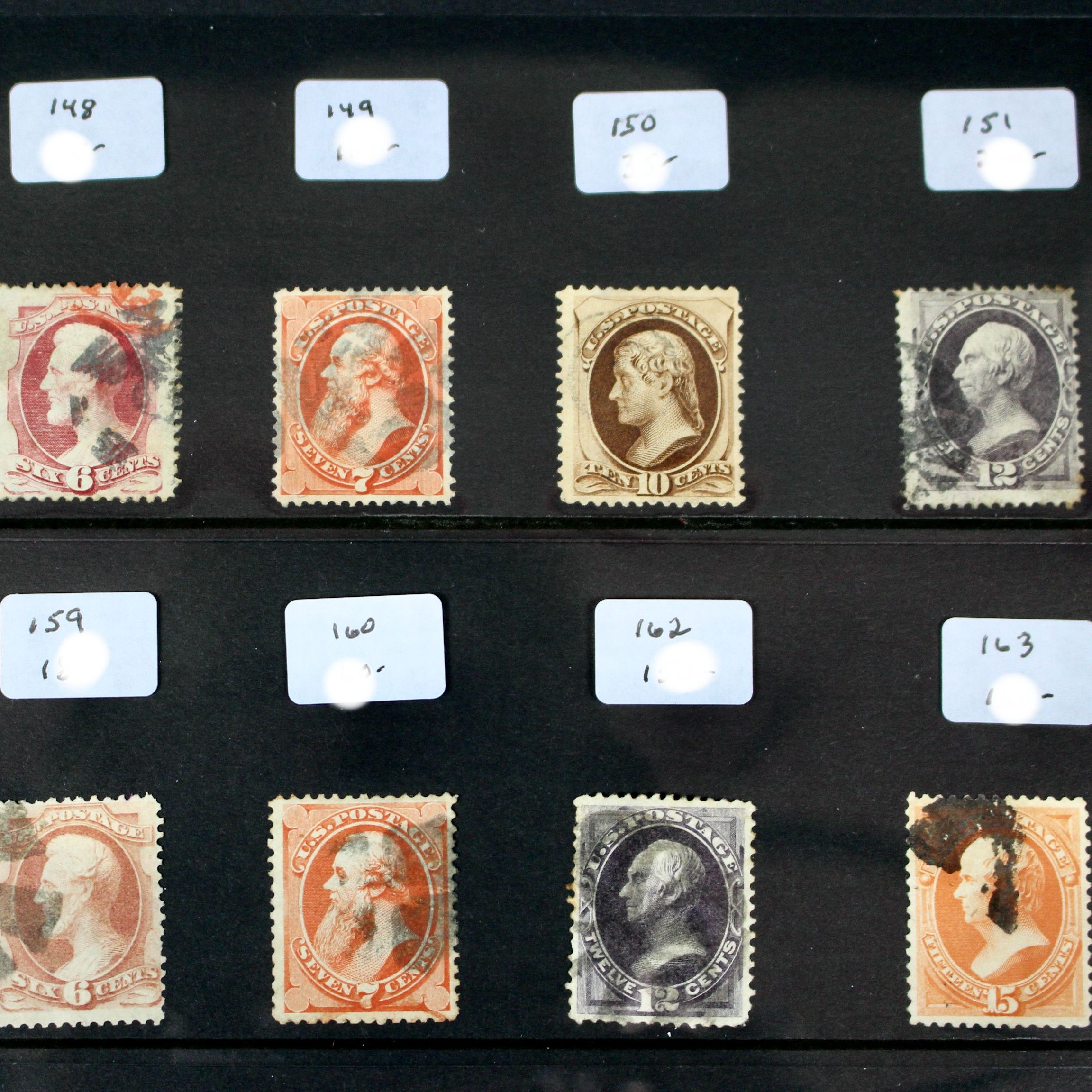 Sixteen Early Used U.S. Postage Stamps, 1870 to 1904