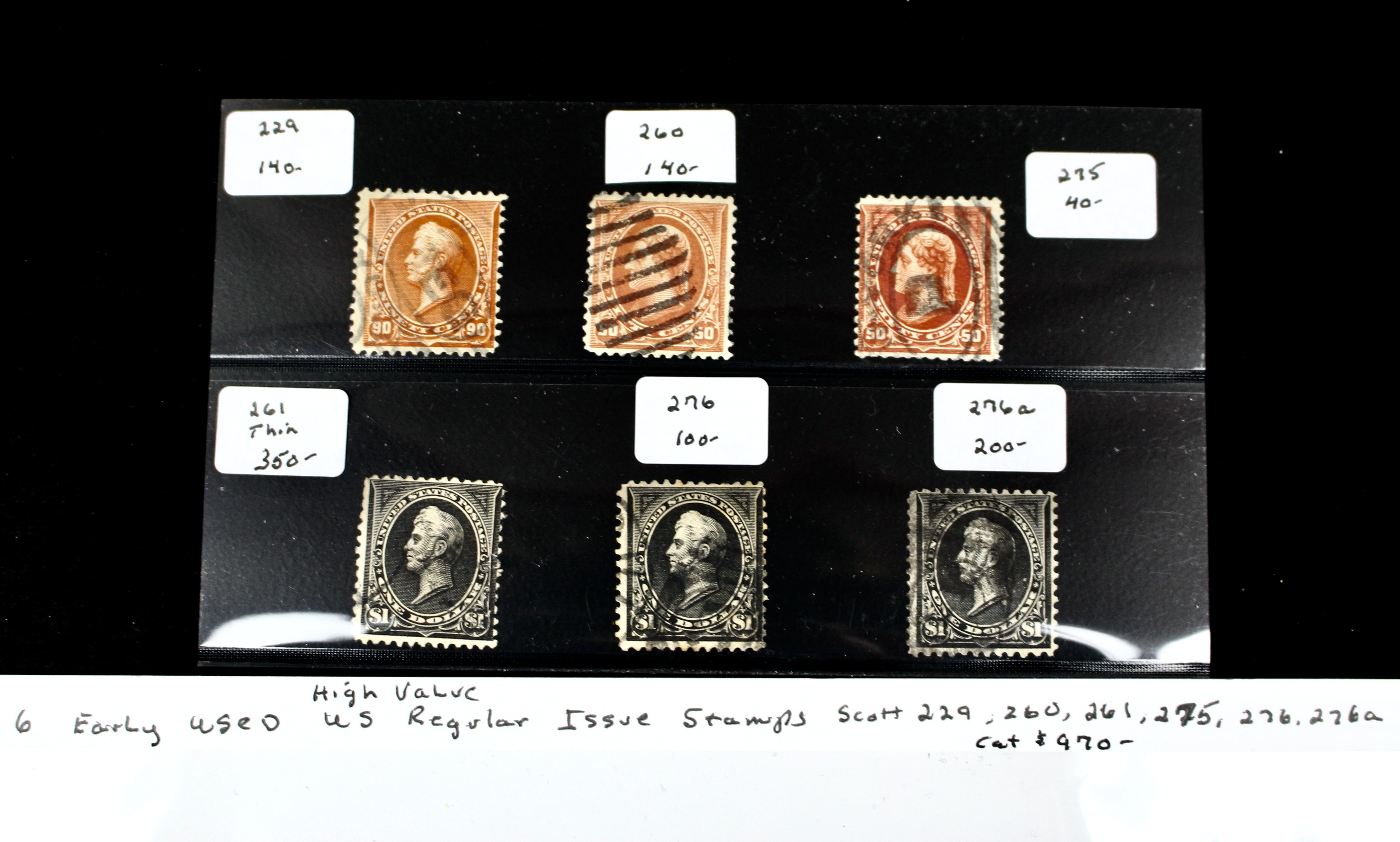 Six Early Used High Value U.S. Postage Stamps, 1890s