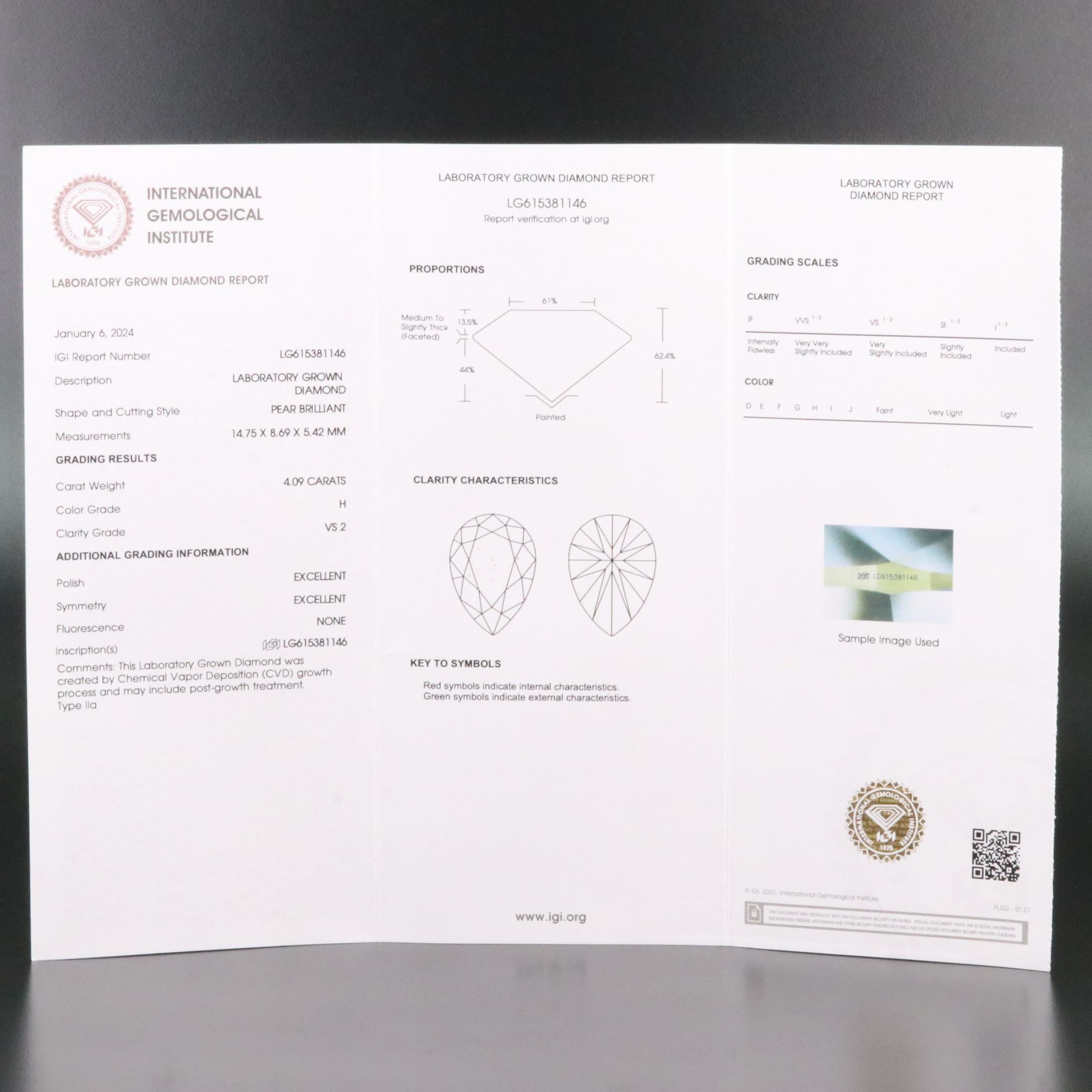 Loose 4.09 CT Lab Grown Diamond with IGI Report