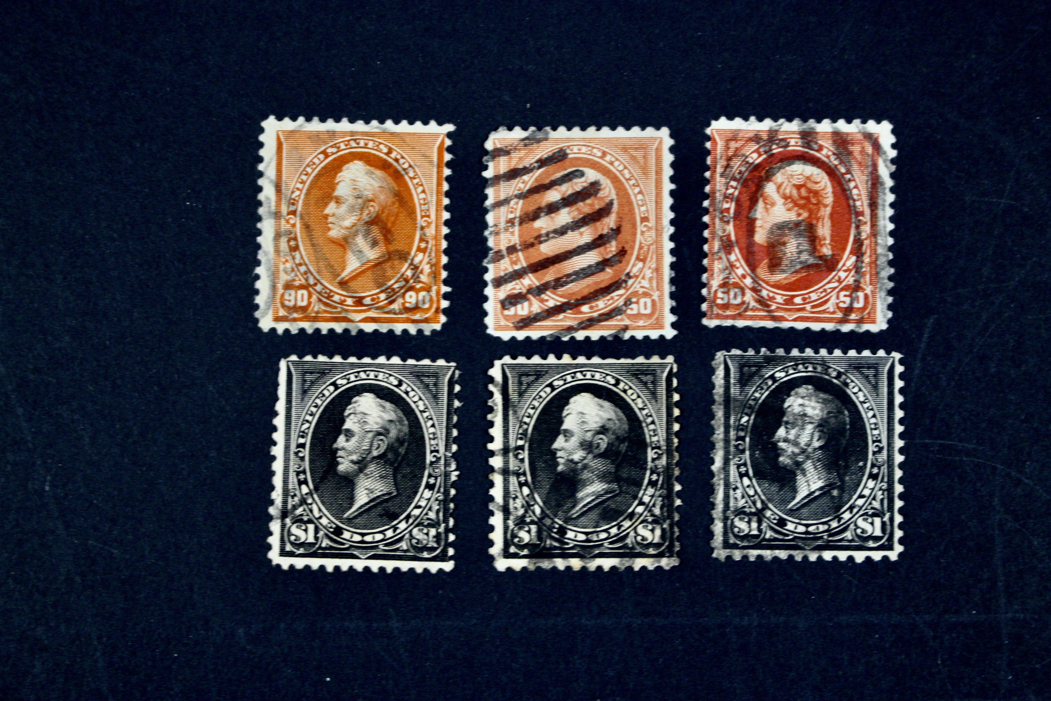 Six Early Used High Value U.S. Postage Stamps, 1890s