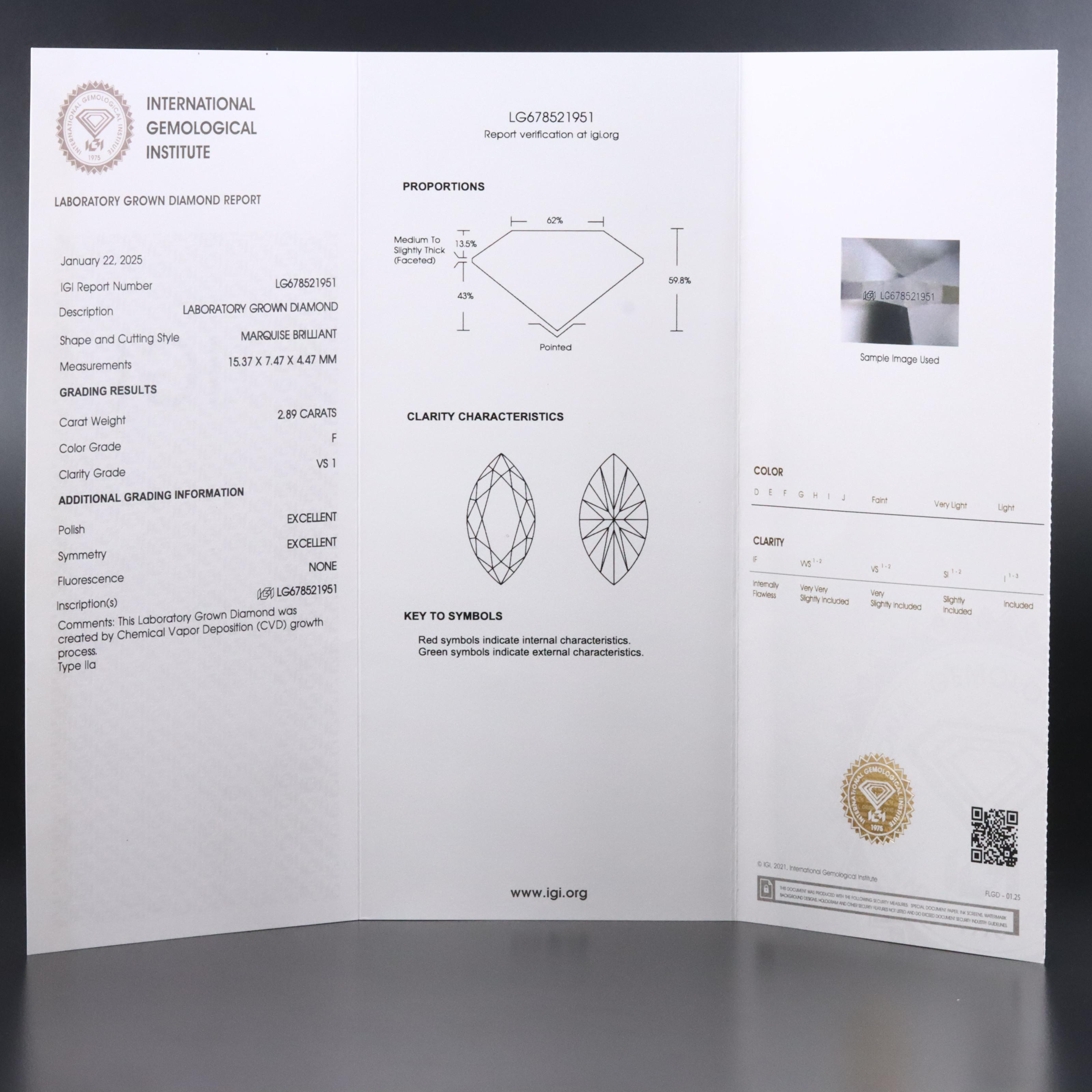 Loose 2.89 CT Lab Grown Diamond with IGI Report