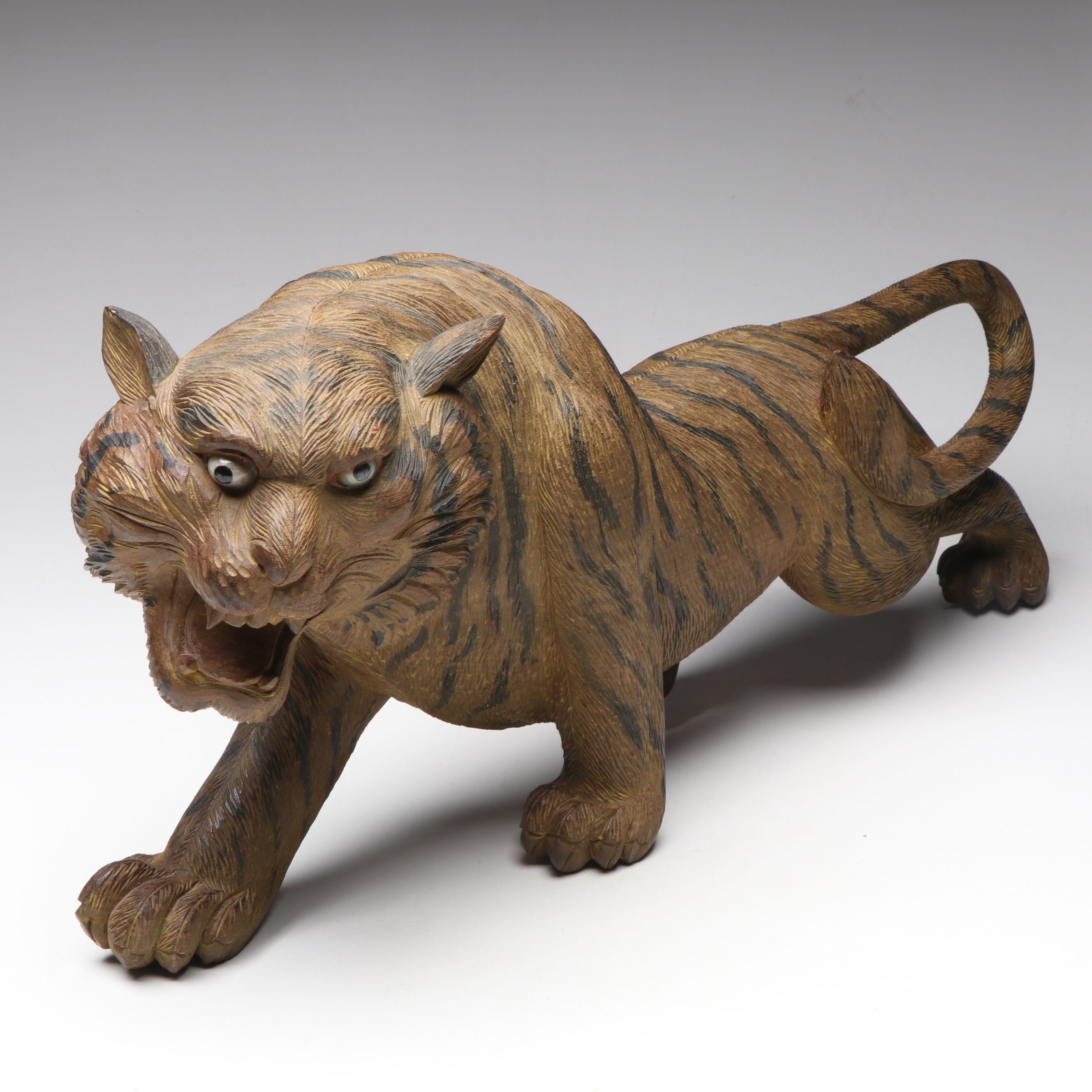 Japanese Meiji Period Carved Wood Crouching Tiger Sculpture