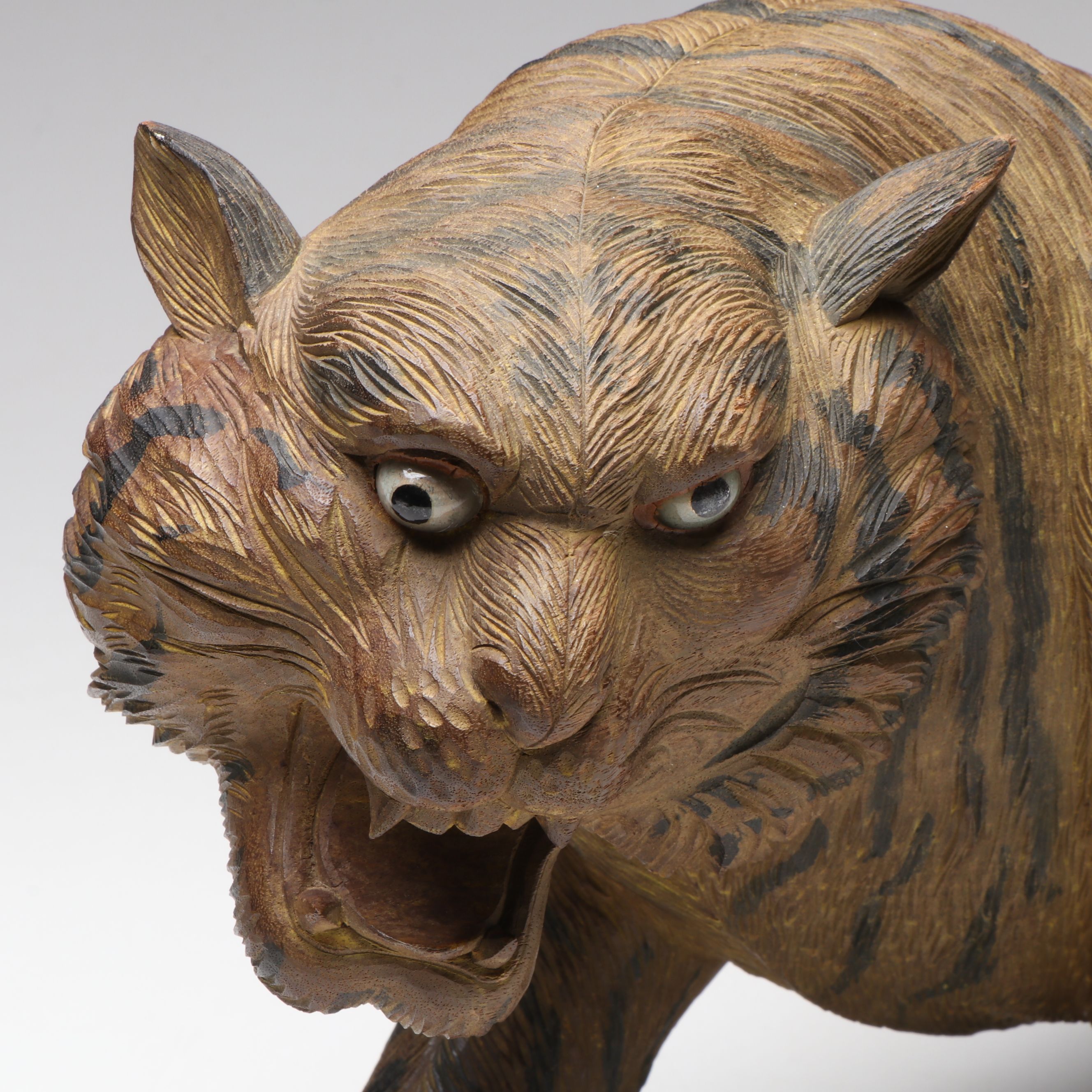 Japanese Meiji Period Carved Wood Crouching Tiger Sculpture