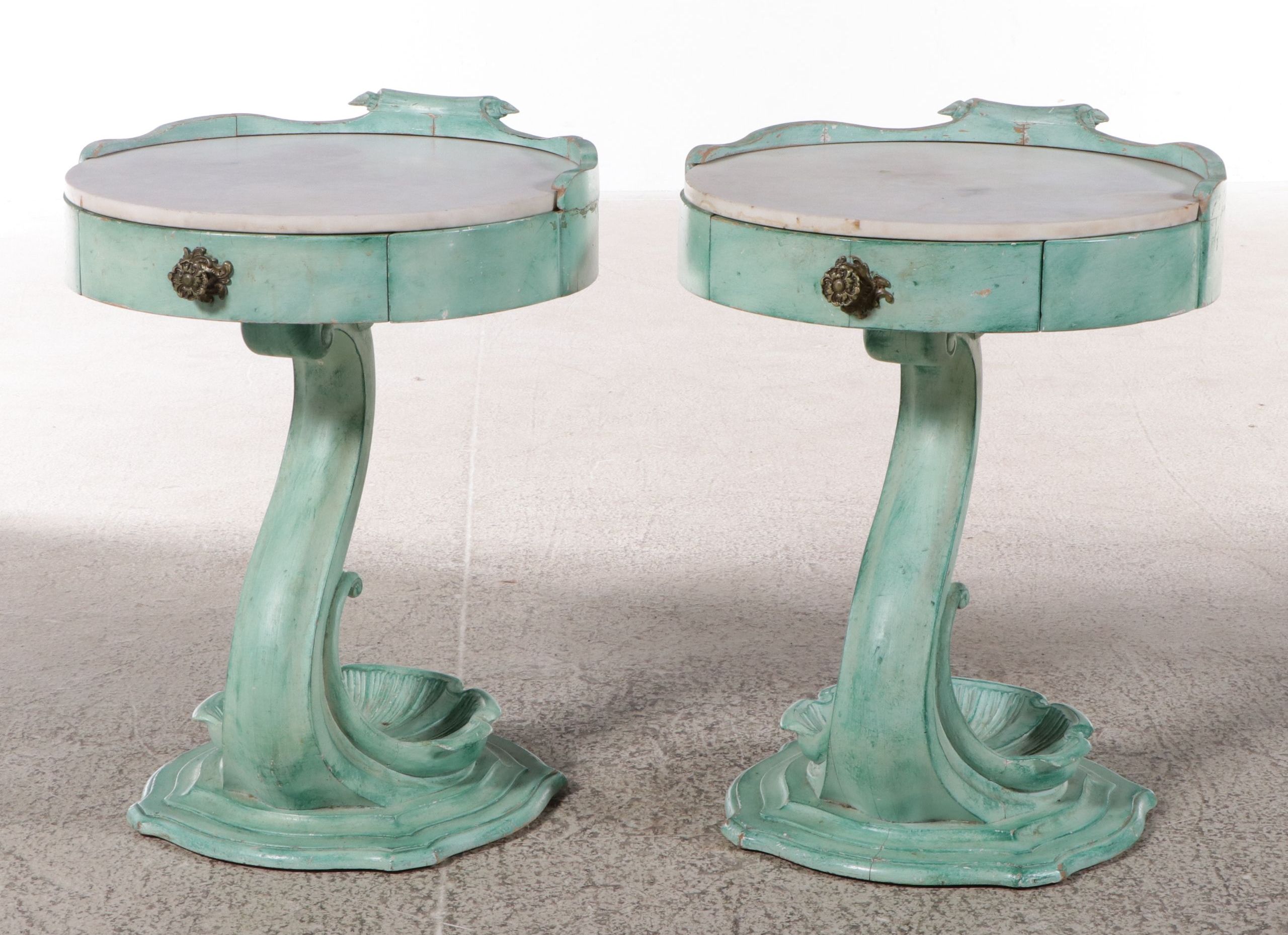 Art Deco Single-Drawer Accent Tables with Marble Top with Vanderbilt Provenance