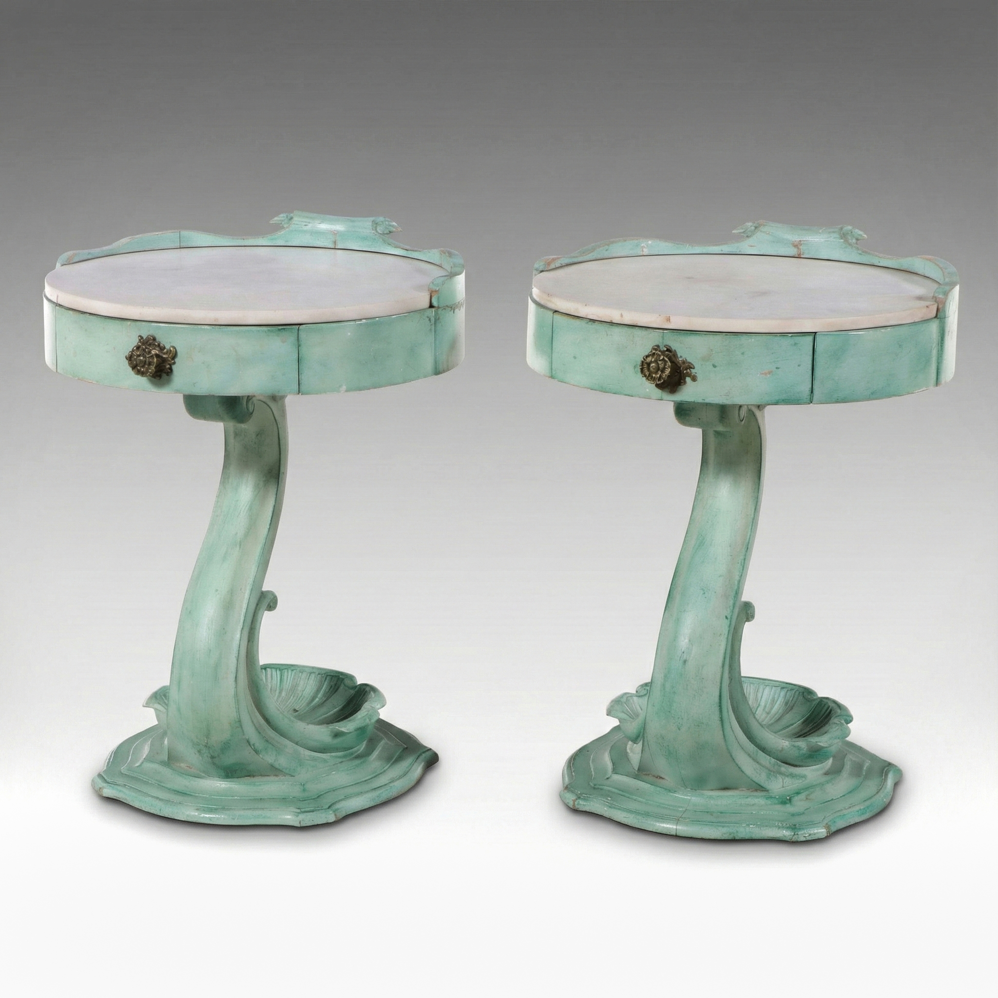 Art Deco Single-Drawer Accent Tables with Marble Top with Vanderbilt Provenance