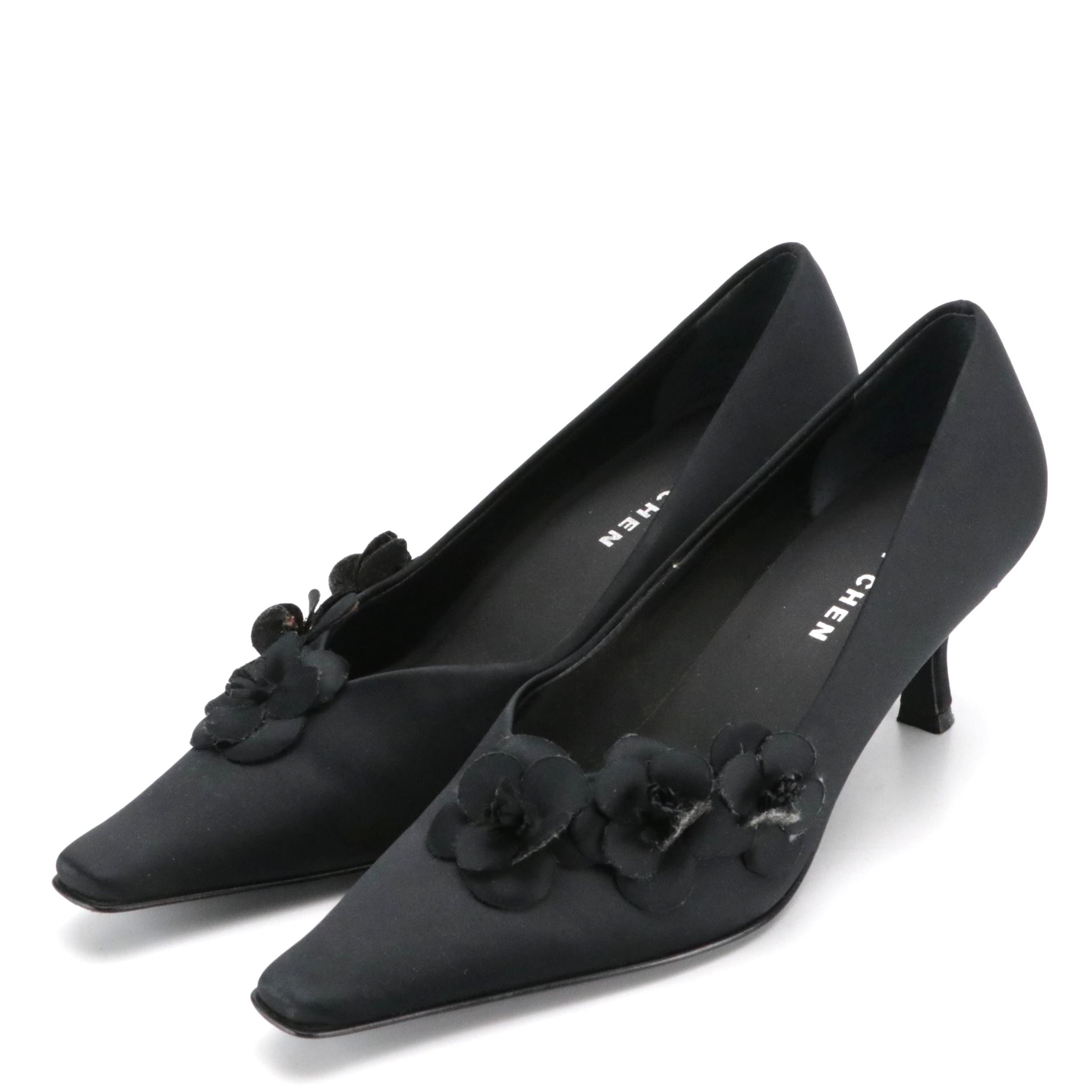Glory Chen Black Satin Floral Pumps with Box