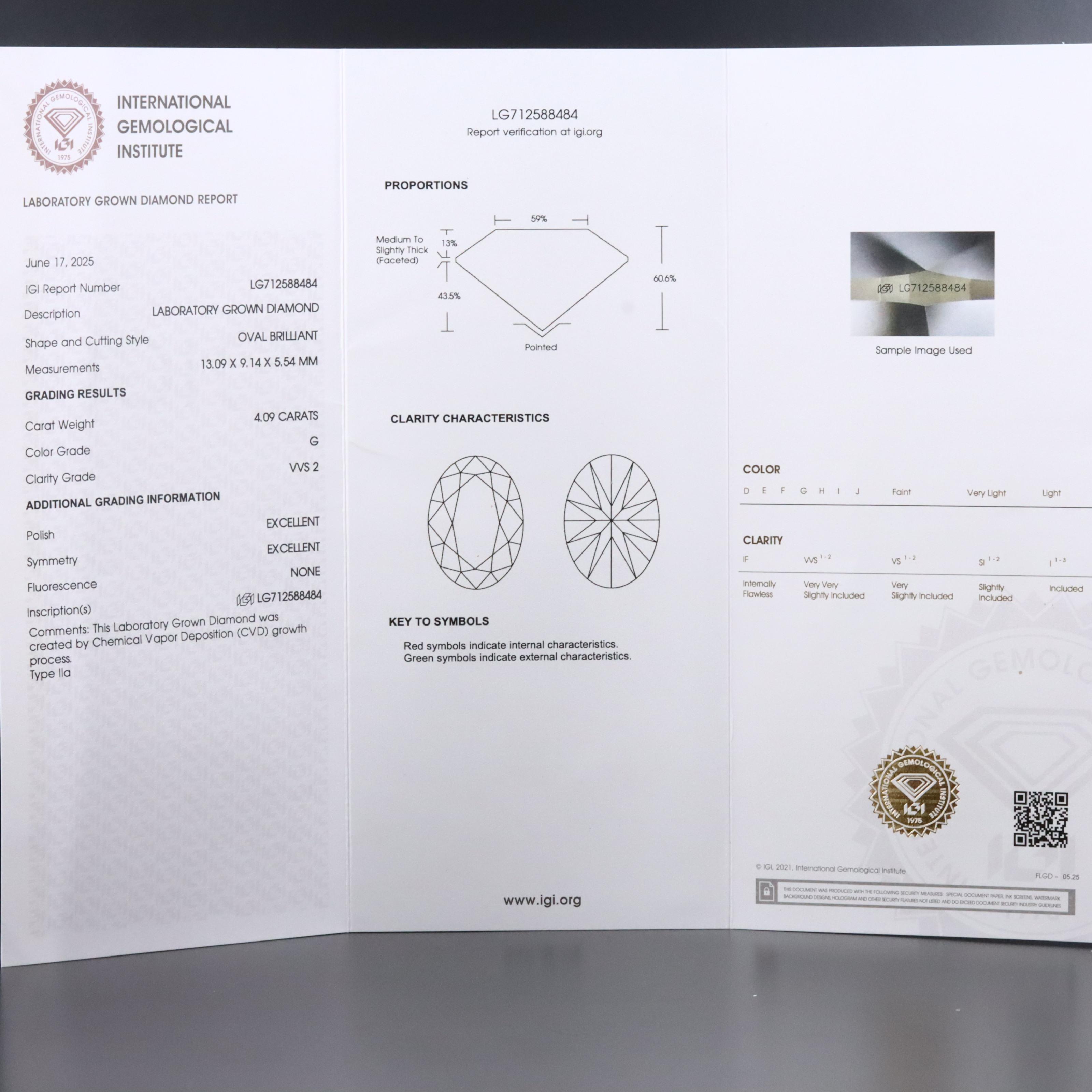 Loose 4.09 CT Lab Grown Diamond with IGI Report