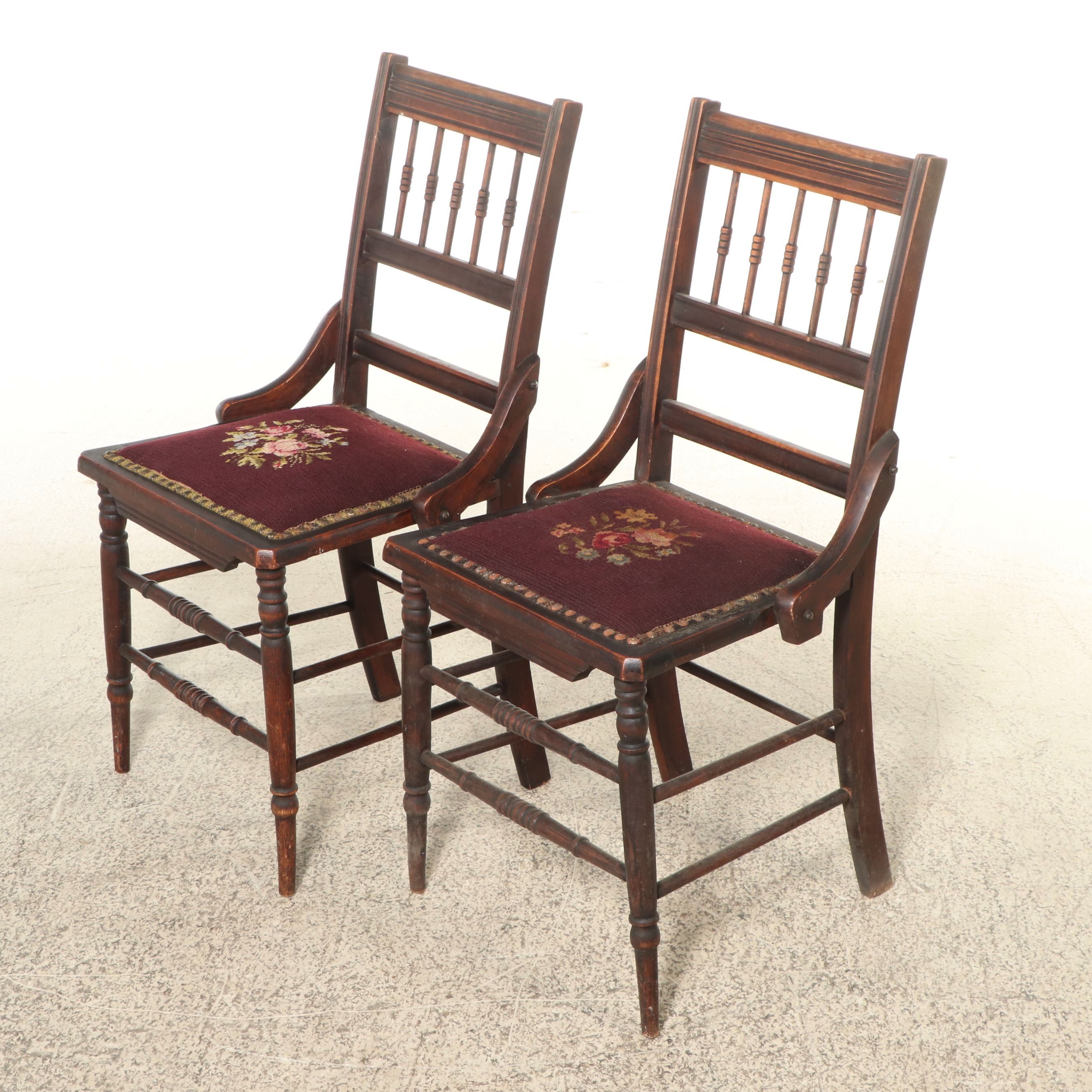 Pair of Eastlake Style Walnut Finish Chairs with Needlepoint Seats