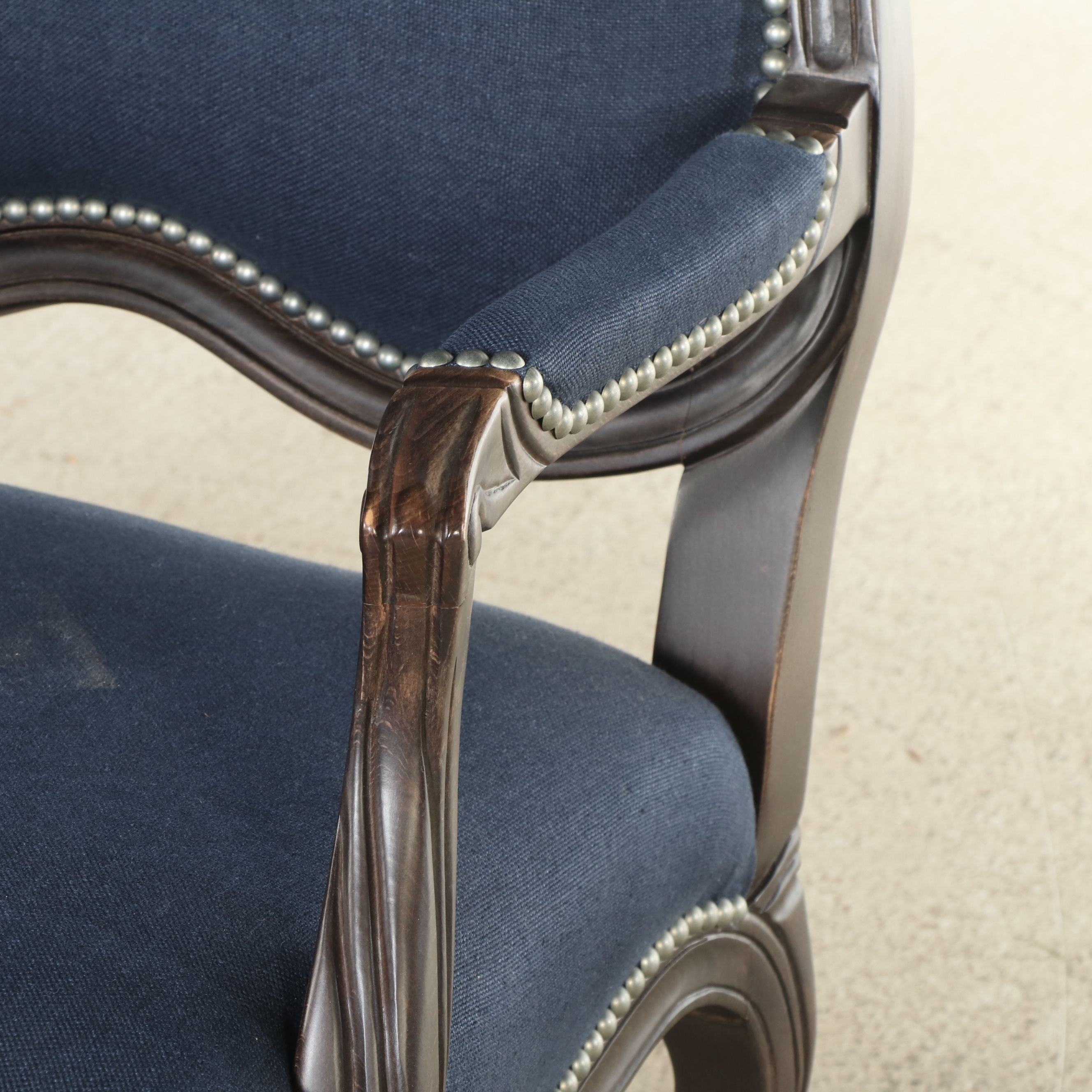Contemporary Louis XV Style Fabric Upholstered and Ebonized Wood Fauteuil