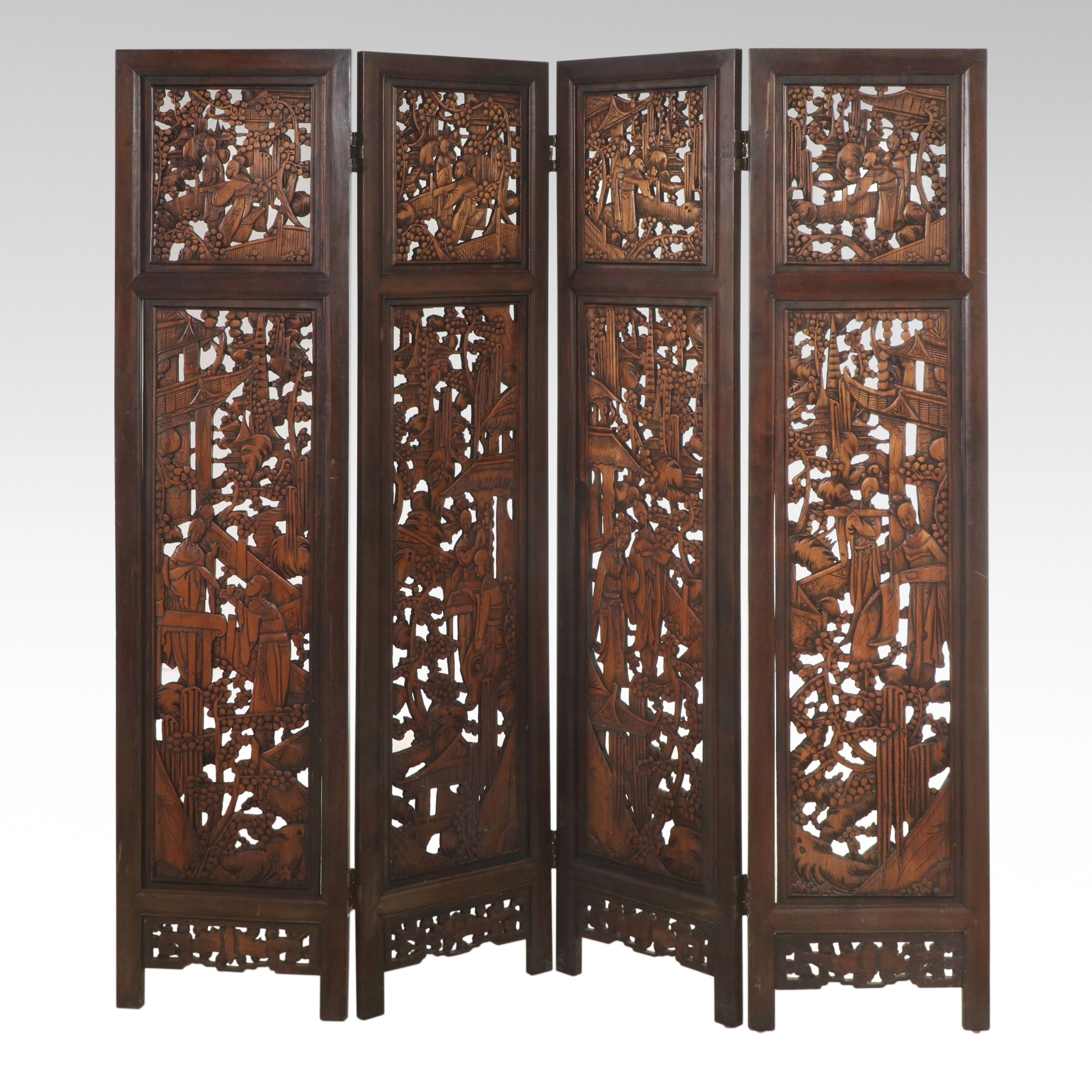 Chinese Reticulated Carved Wood Four-Panel Room Screen