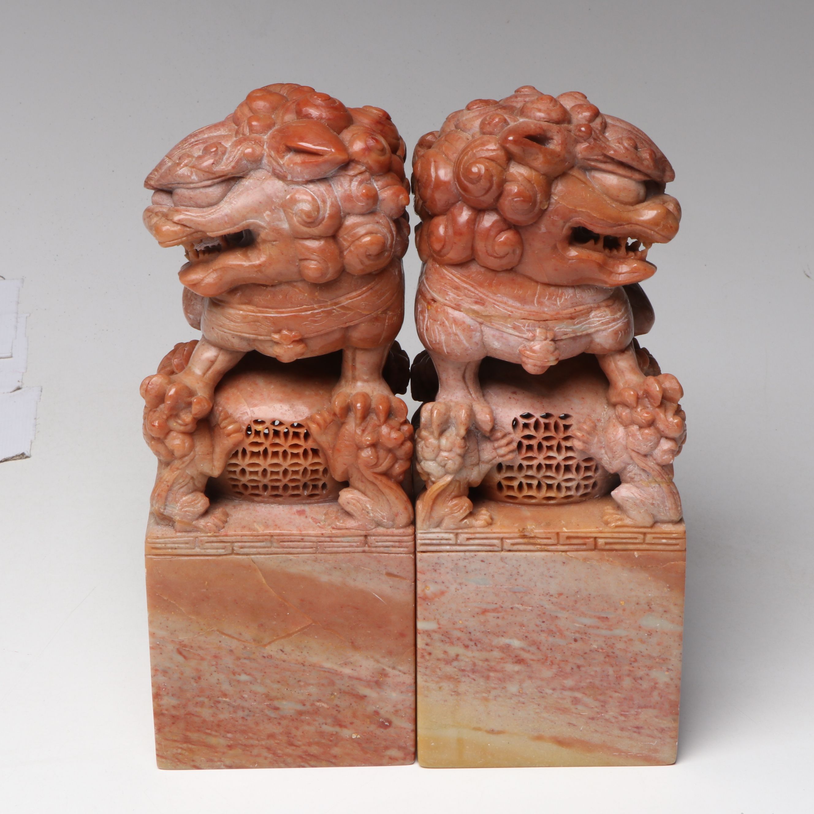 Chinese Carved Pink Marble Guardian Lions