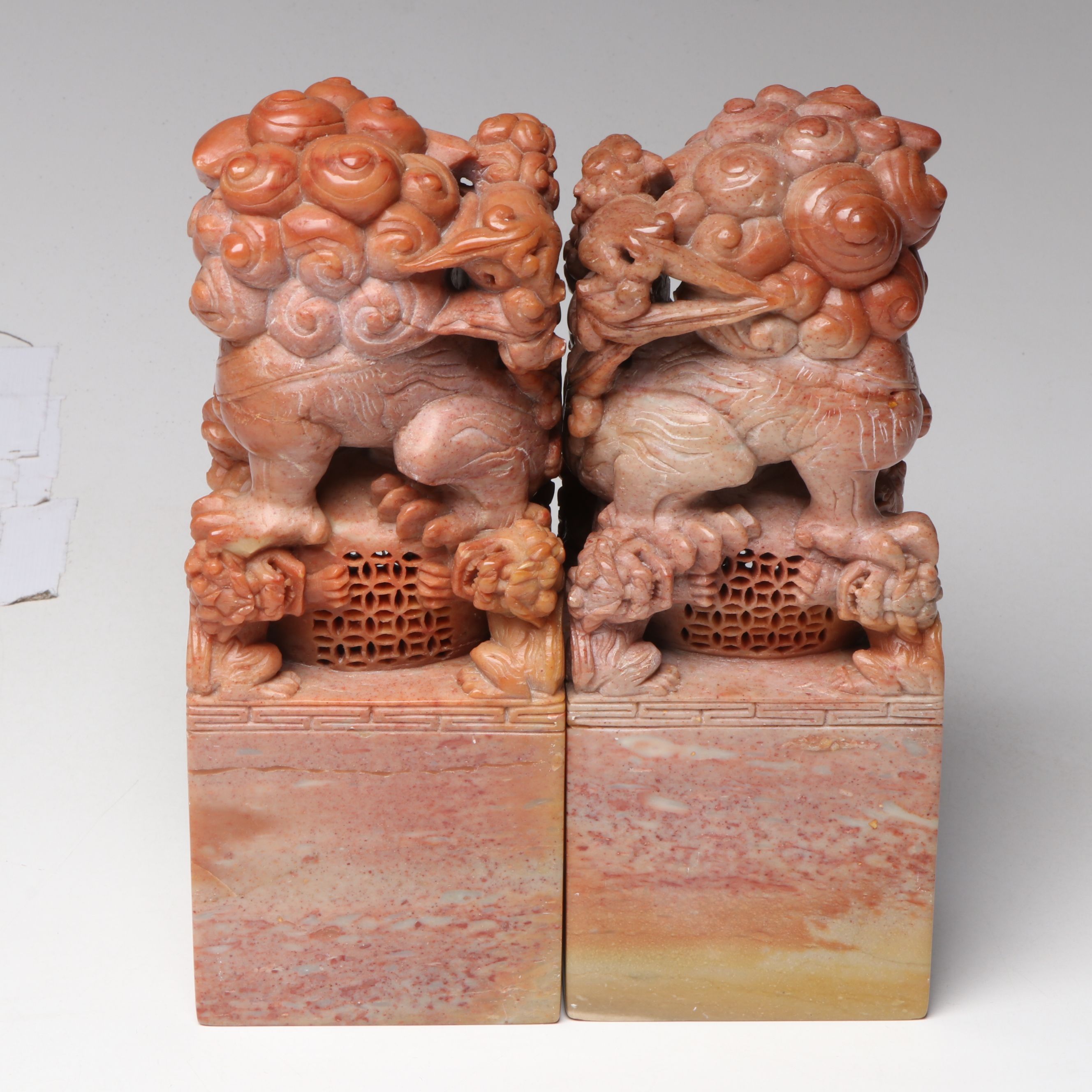 Chinese Carved Pink Marble Guardian Lions