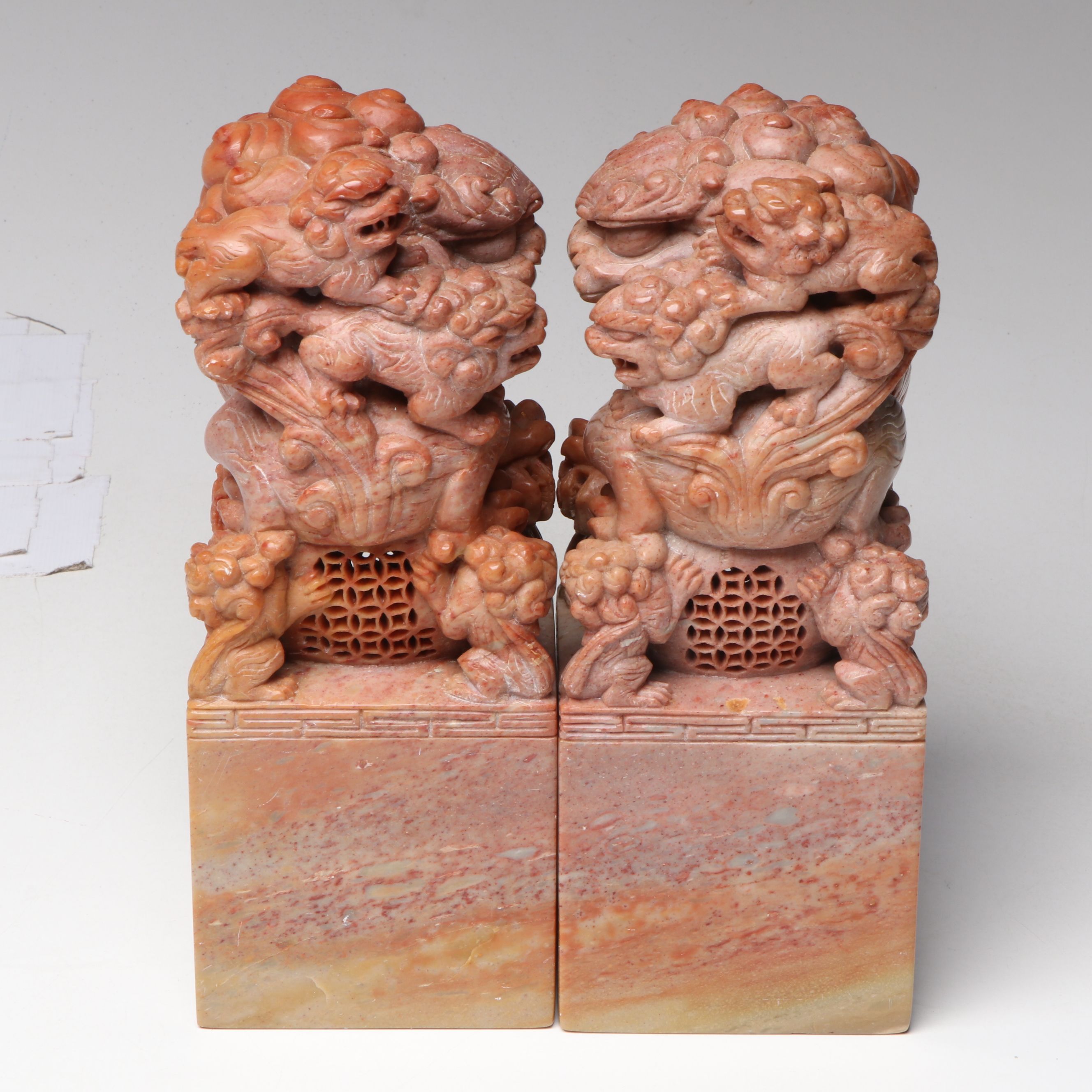 Chinese Carved Pink Marble Guardian Lions