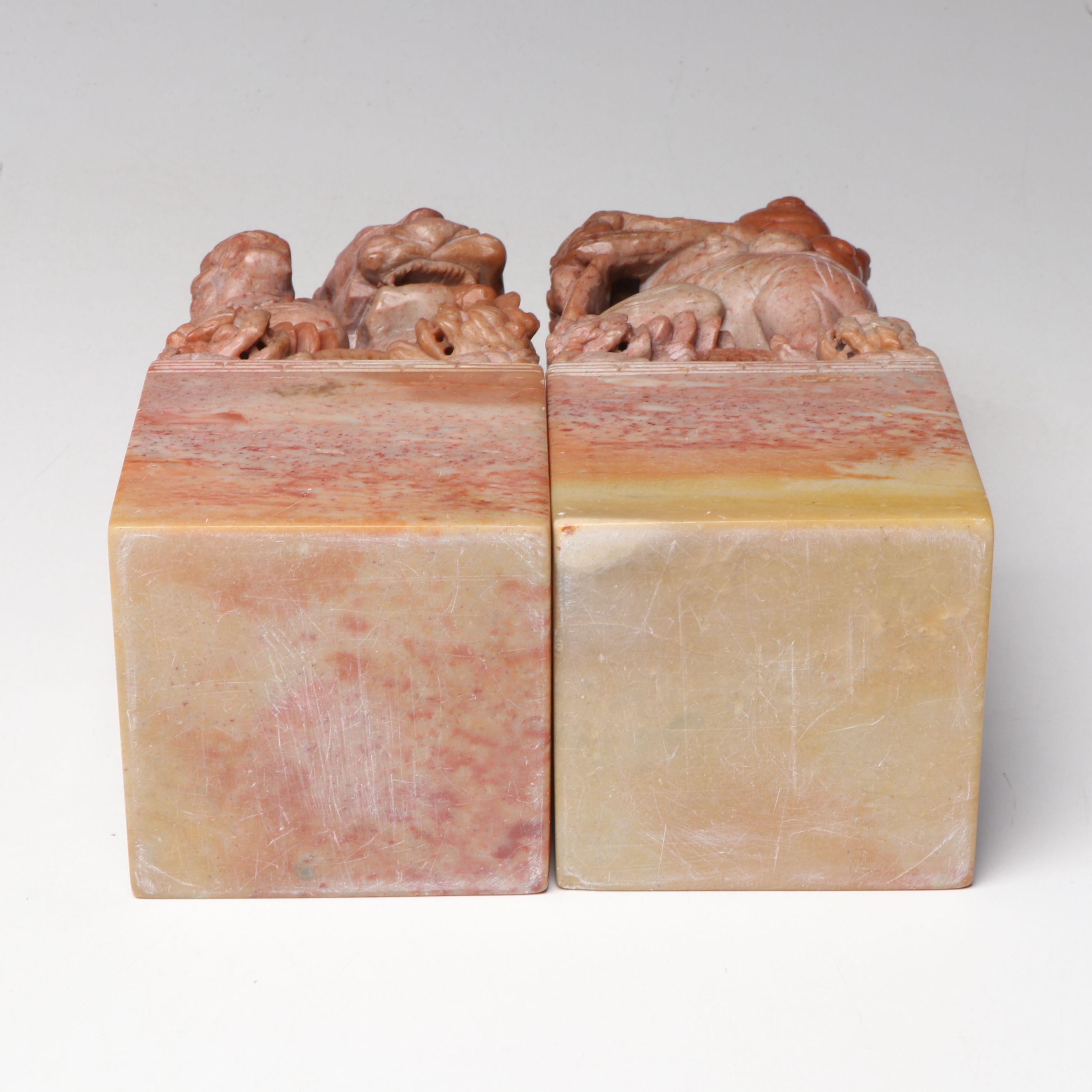 Chinese Carved Pink Marble Guardian Lions