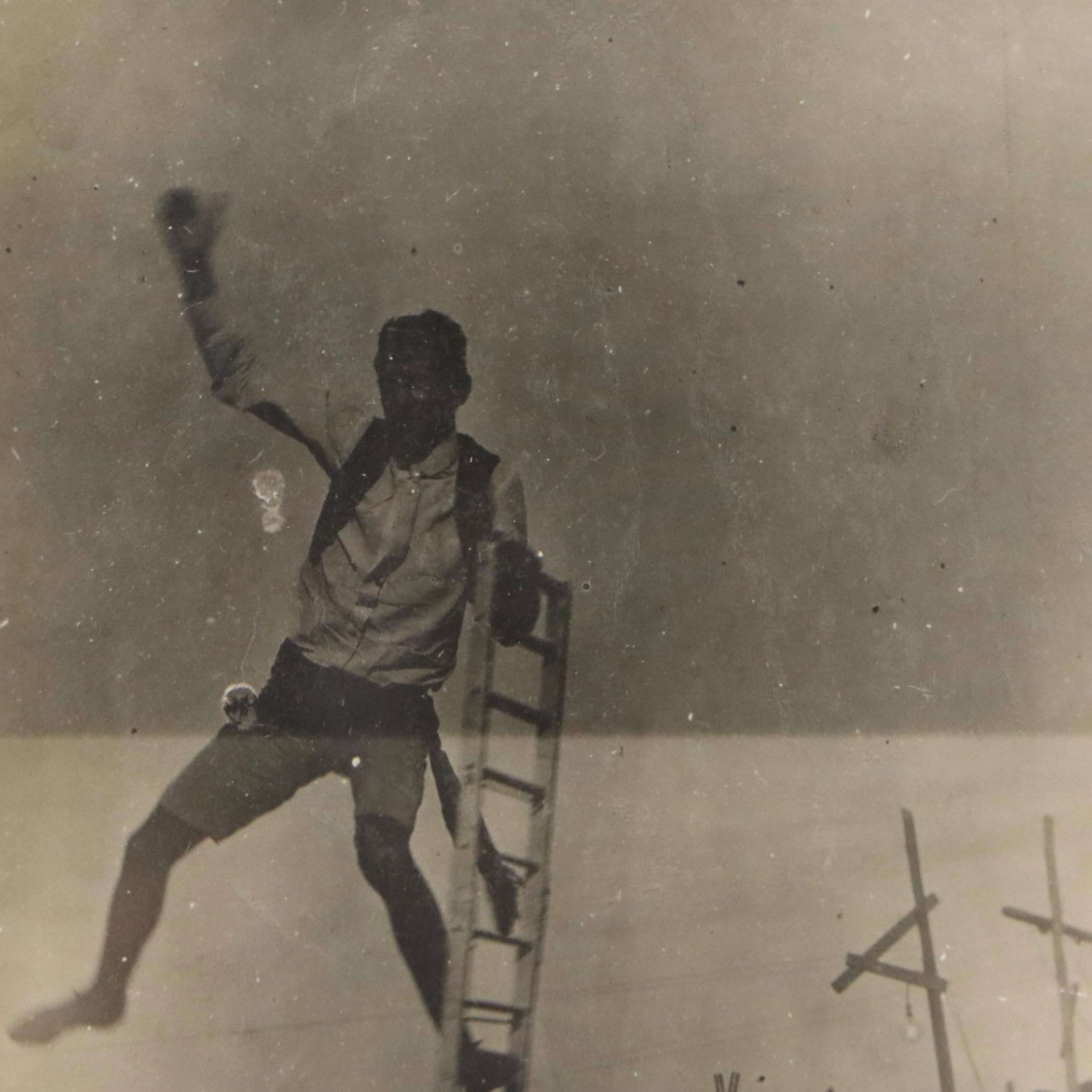 Silver Print of Figure Balancing on Ladder, Circa 1900
