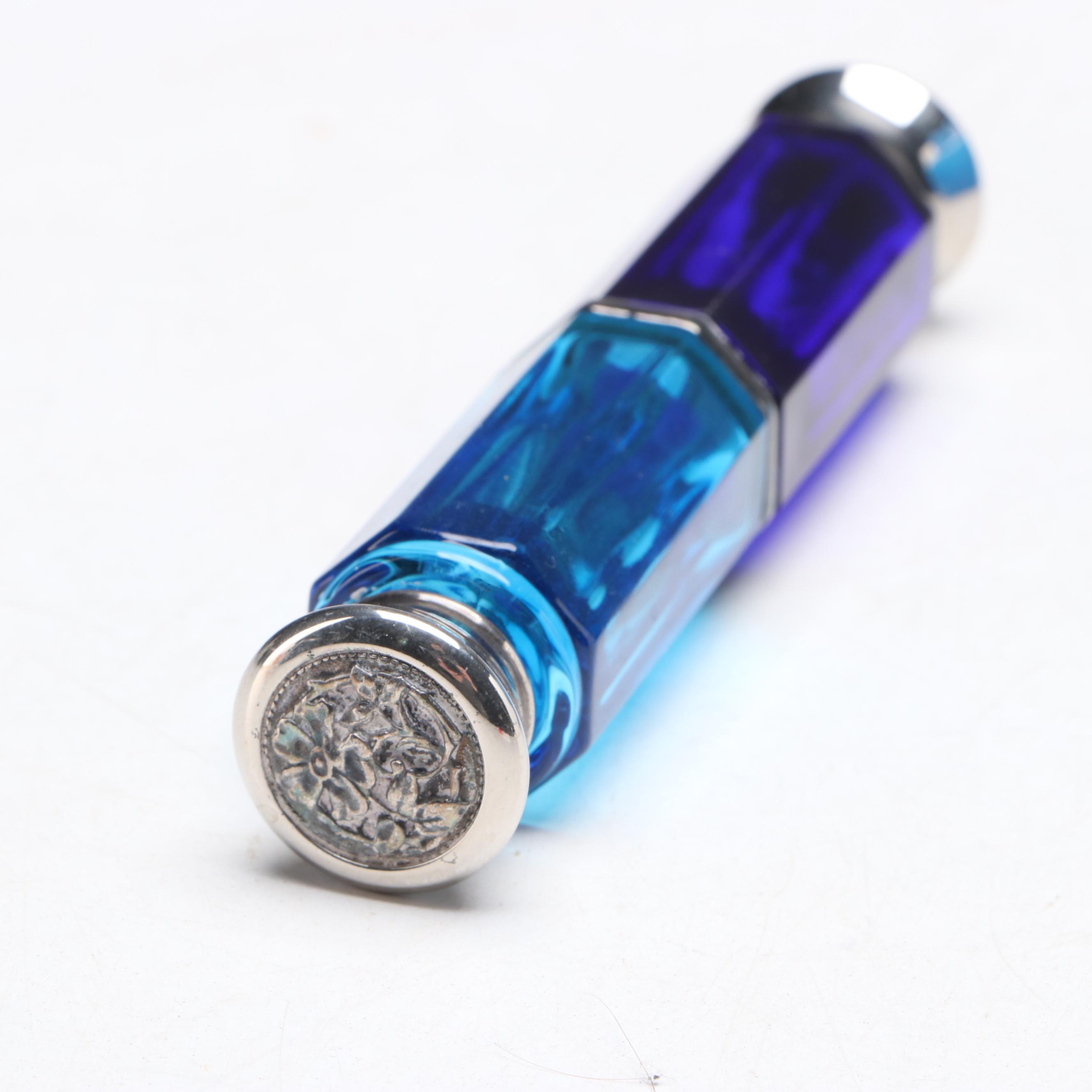 Blue Opaline Glass Perfume Bottle with Victorian Double-Ended Scent Bottle